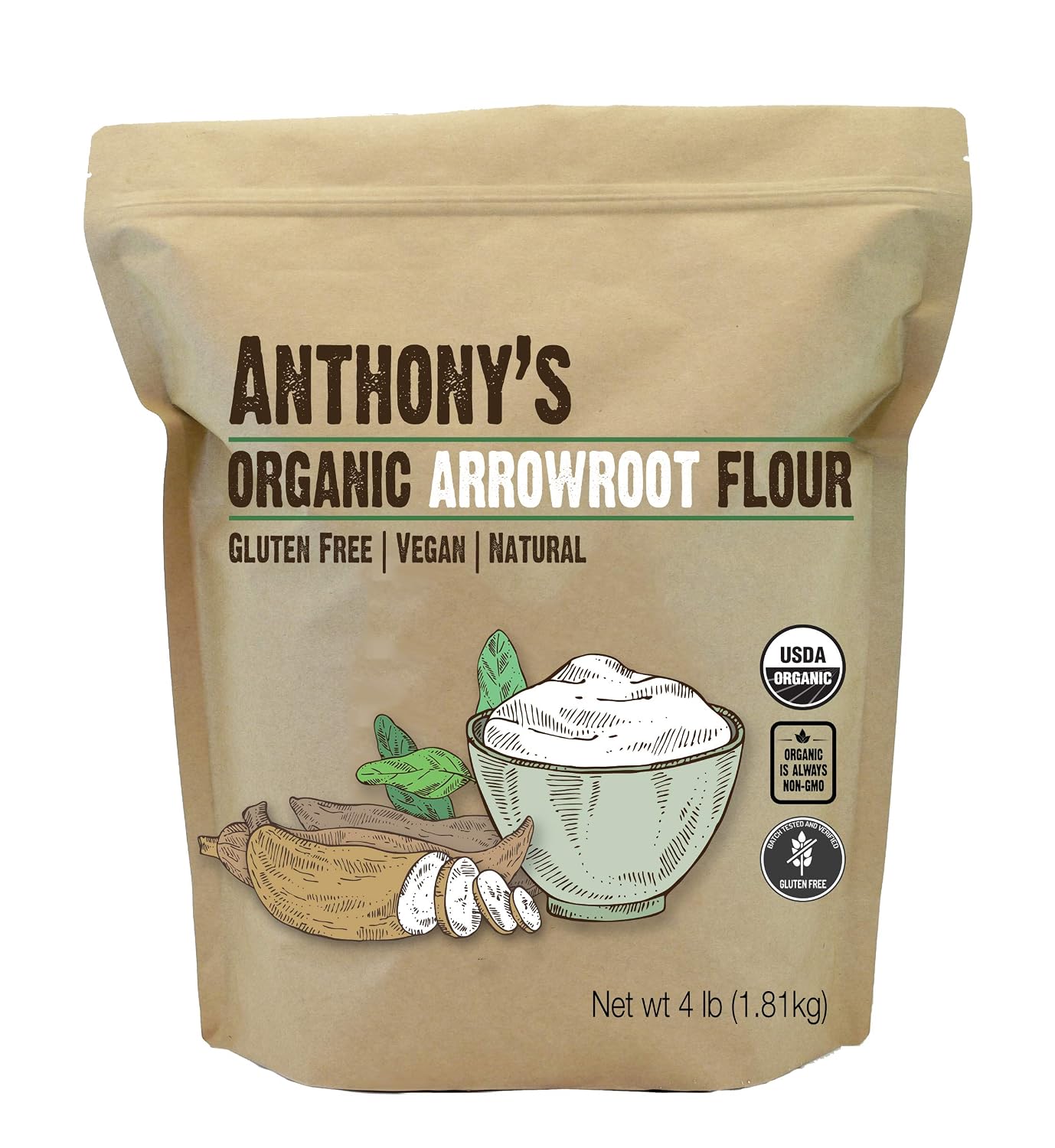 Anthony's Organic Arrowroot Flour, 4 lb, Batch Tested Gluten Free, Non GMO, Vegan