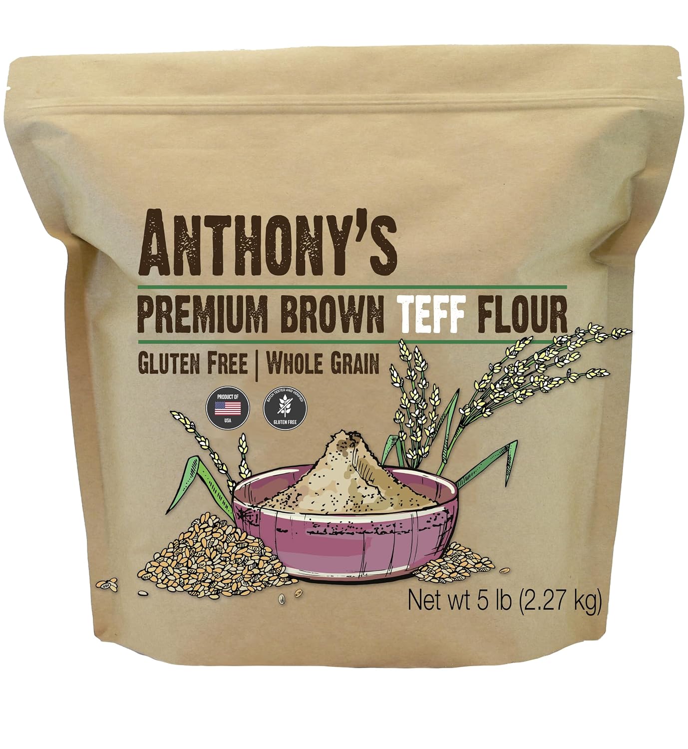 Anthony's Brown Teff Flour, 5 lb, Gluten Free, Non GMO, Vegan
