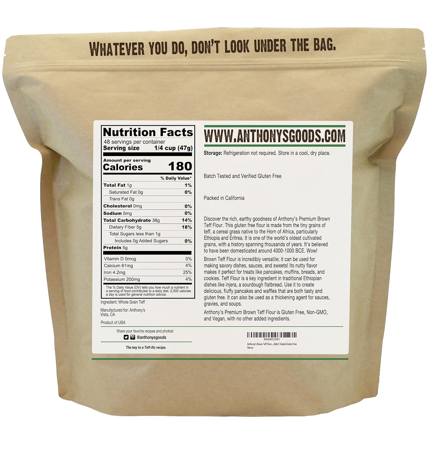 Anthony's Brown Teff Flour, 5 lb, Gluten Free, Non GMO, Vegan