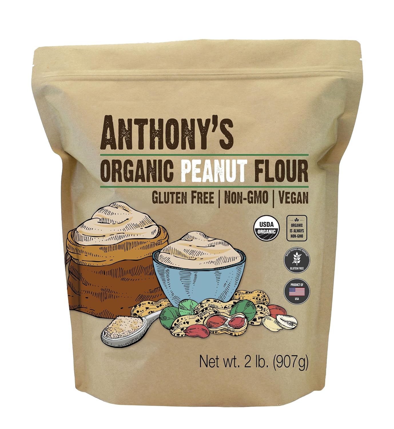 Anthony's Organic Peanut Flour, Defatted, 2 lb, Light Roast 12% Fat, Verified Gluten Free