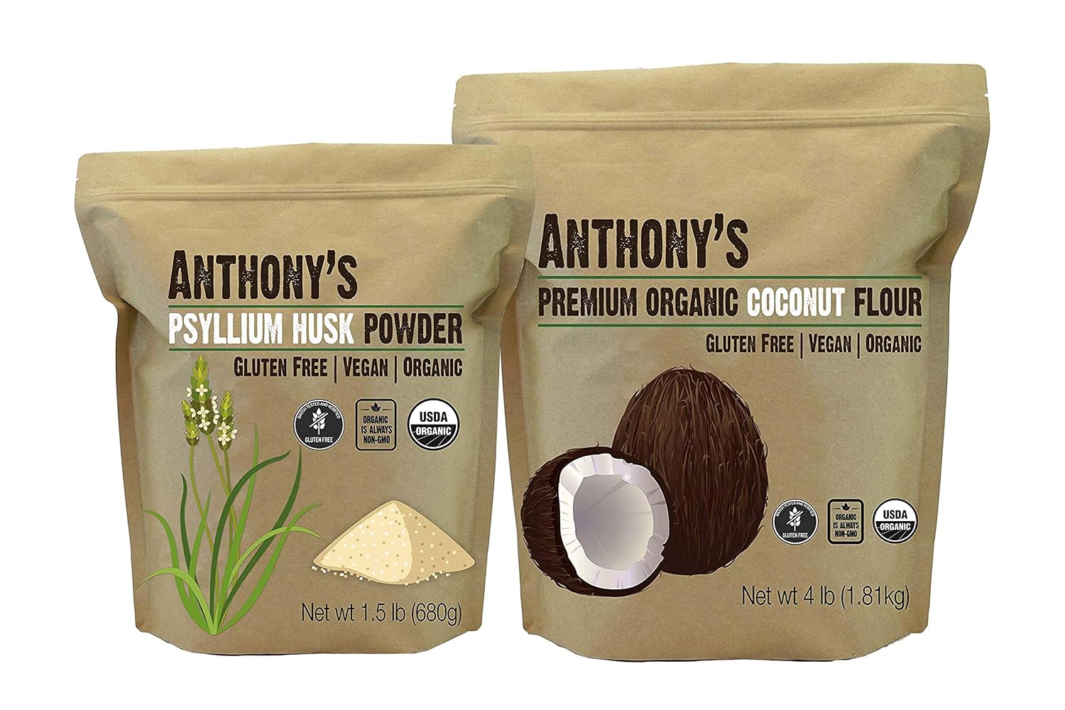 Anthony's Organic Coconut Flour 4lb & Organic Psyllium Husk Powder 1.5lb Bundle