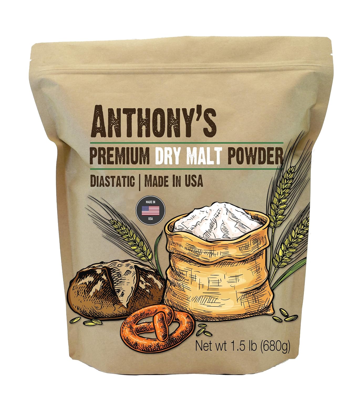 Anthony's Diastatic Dry Malt Powder, 1.5 lb, Made in the USA, Diastatic, Malted Barley Flour