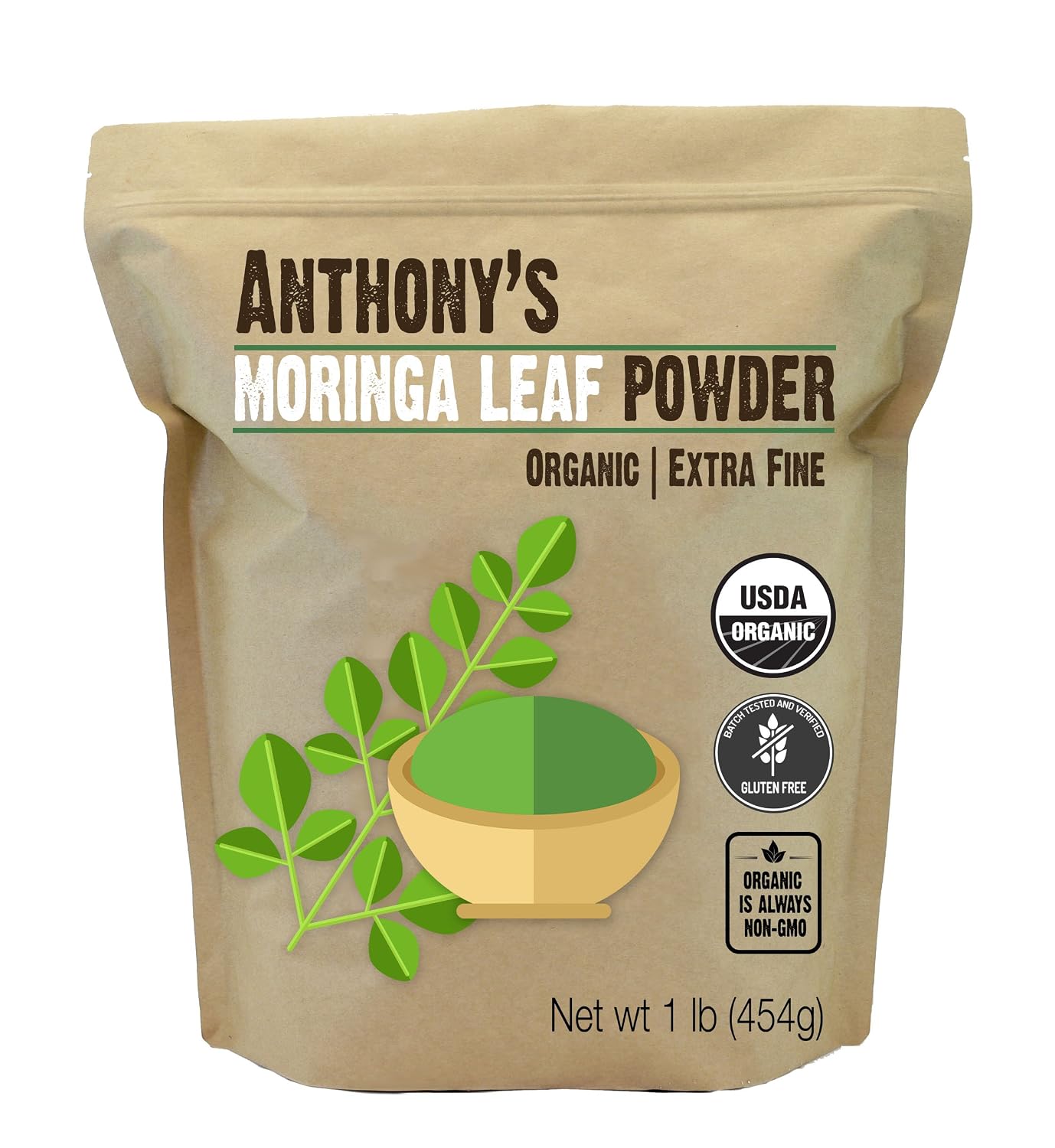 Anthony's Organic Moringa Leaf Powder, 1 lb, Gluten Free, Non GMO, Vegan Friendly