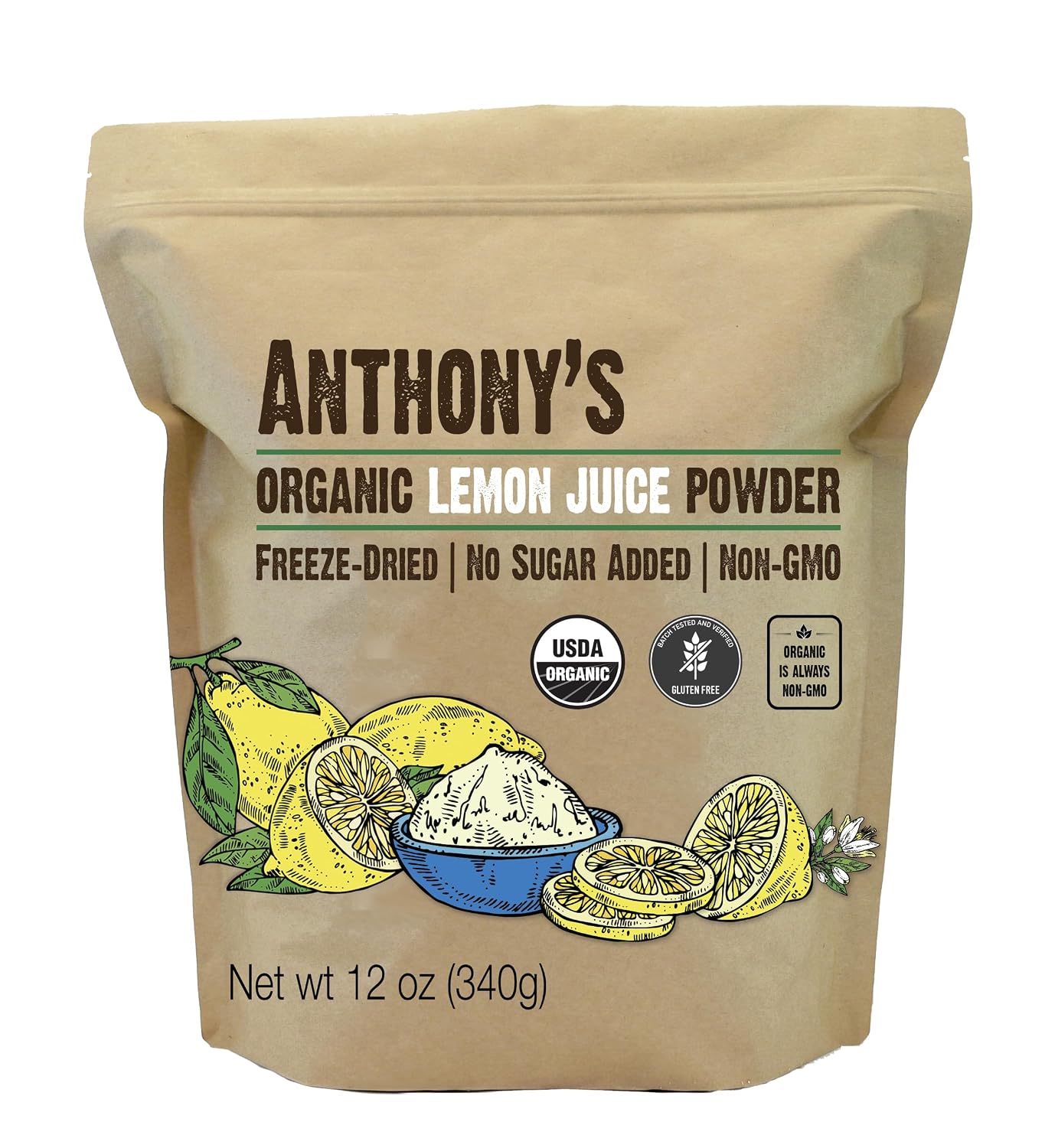 Anthony's Organic Lemon Juice Powder, 12 ounce, Freeze-Dried, Cold Pressed, No Sugar Added, Gluten Free, Non GMO
