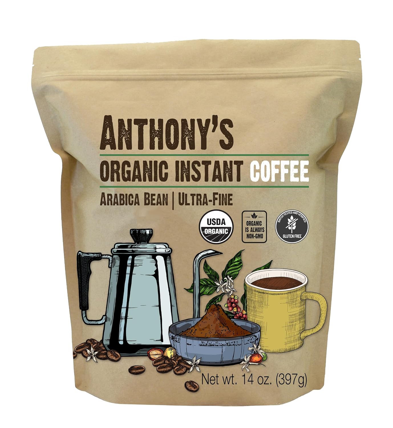 Anthony's Organic Instant Coffee,14oz, Ultra Fine Microground, Gluten Free, Arabica, Non GMO