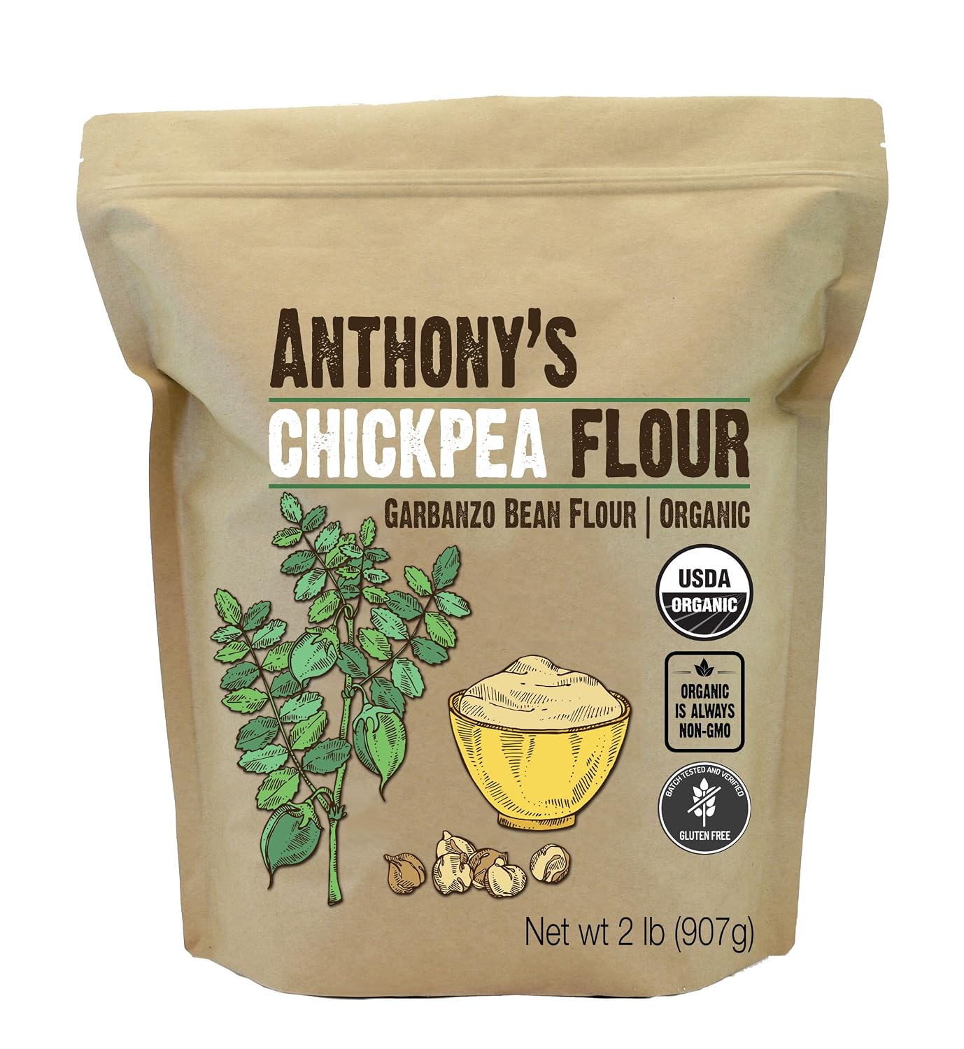 Anthony's Organic Chickpea Flour, Garbanzo Bean Flour, 2 lb, Gluten Free, Non GMO