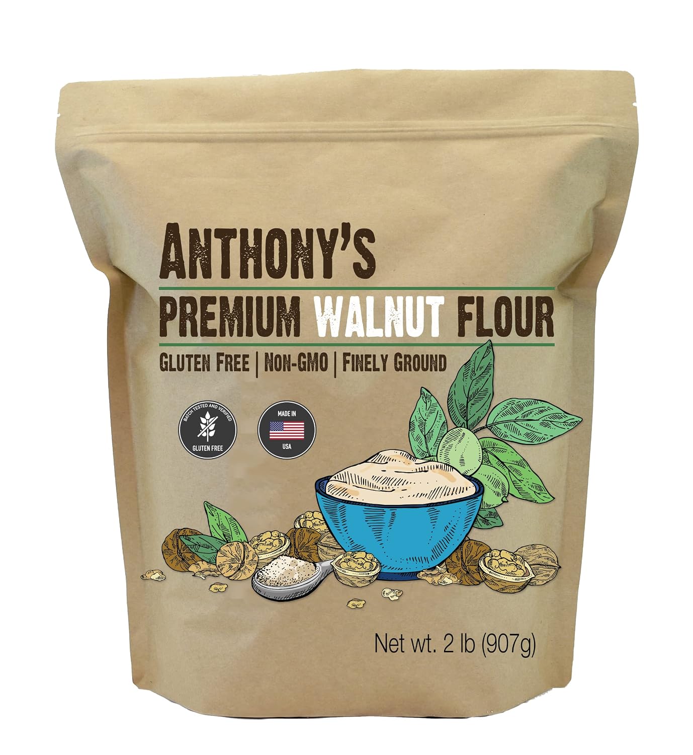 Anthony's Premium Walnut Flour, 2 lb, Finely Ground, Gluten Free, Non GMO, Product of USA