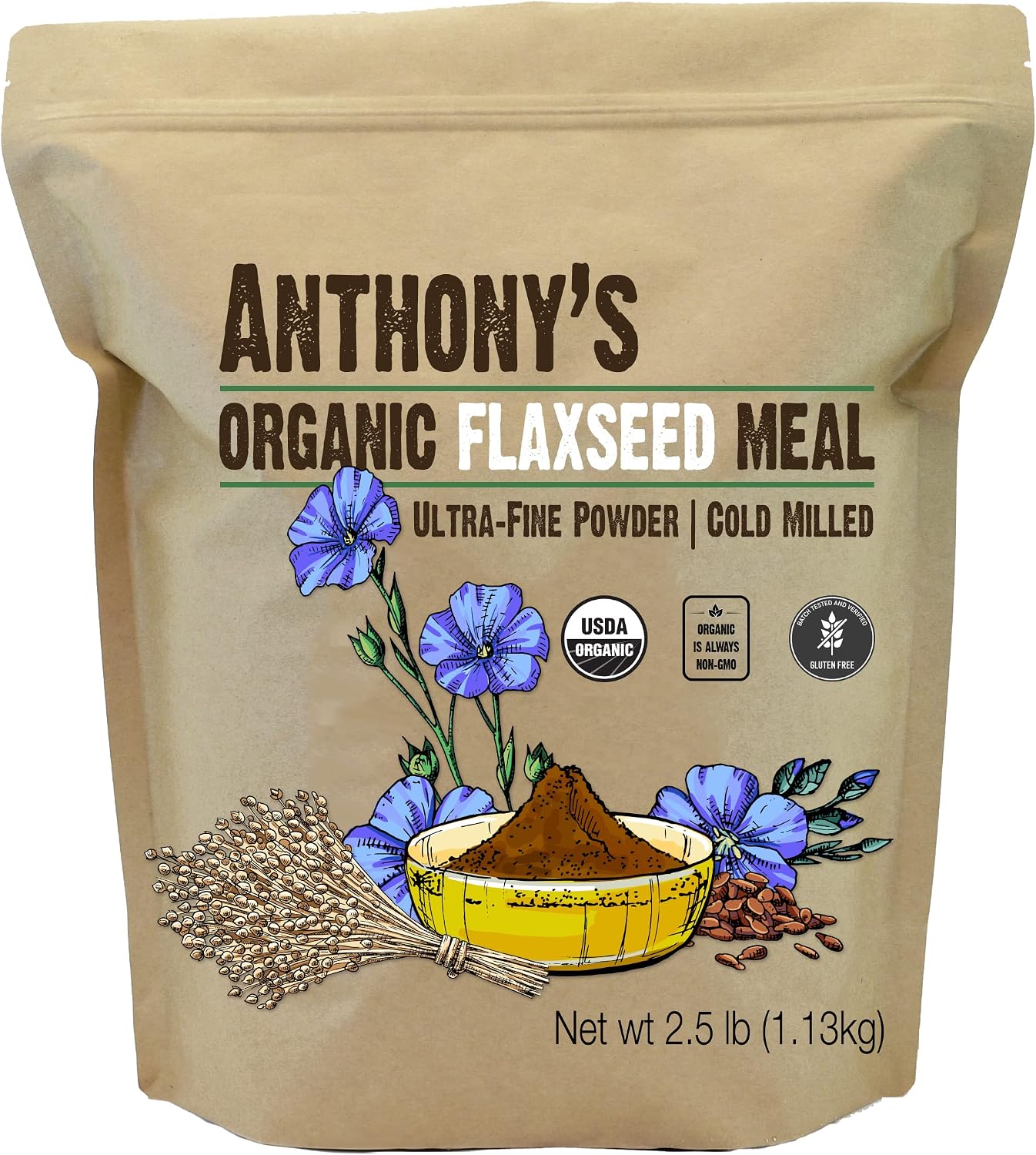 Anthony's Organic Flaxseed Meal, 2.5 lb, Gluten Free, Ground Ultra Fine Powder, Cold Milled, Keto Friendly