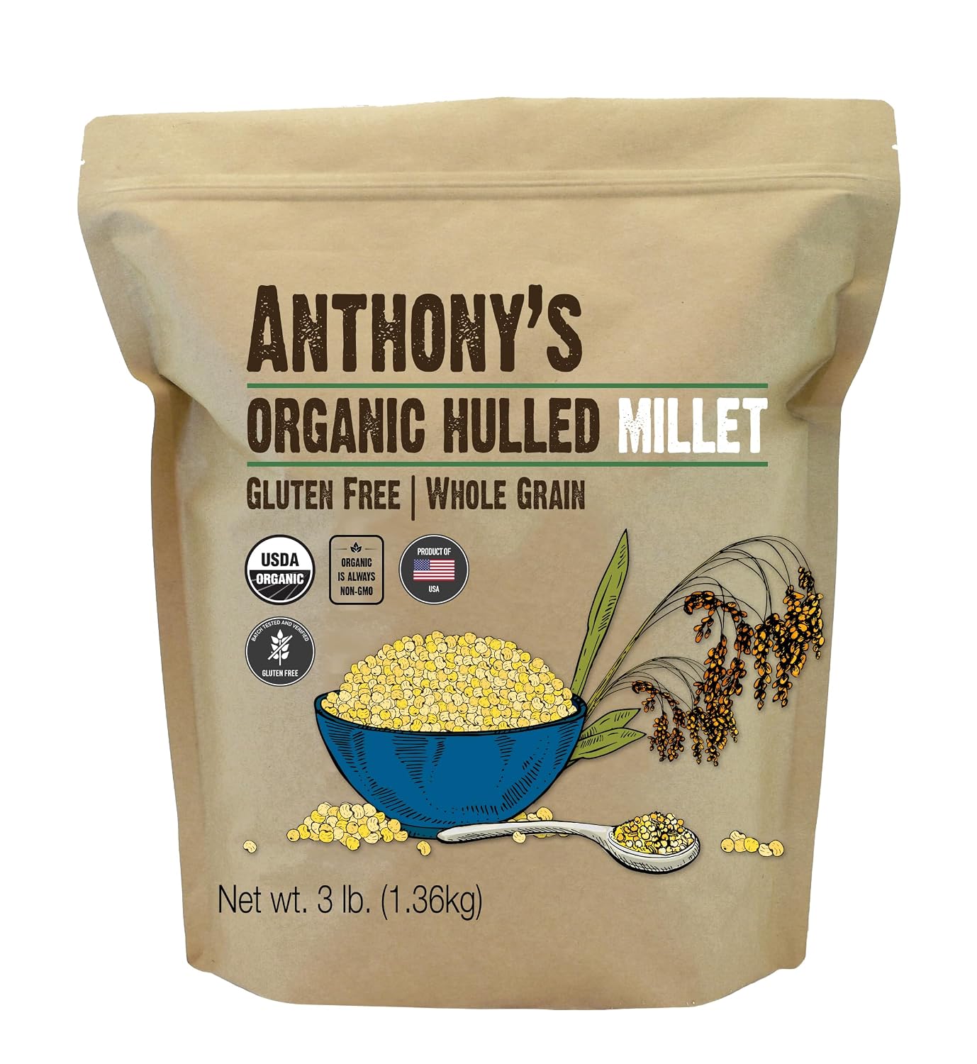 Anthony's Organic Hulled Millet, 3 lb, Gluten Free, Grown in the USA