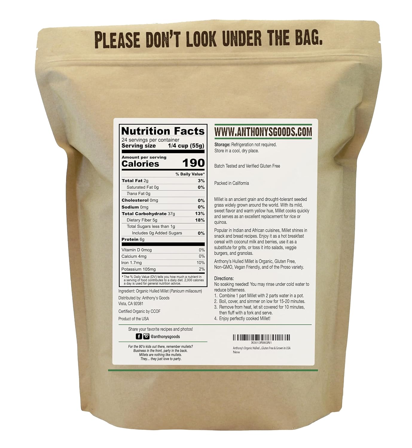 Anthony's Organic Hulled Millet, 3 lb, Gluten Free, Grown in the USA
