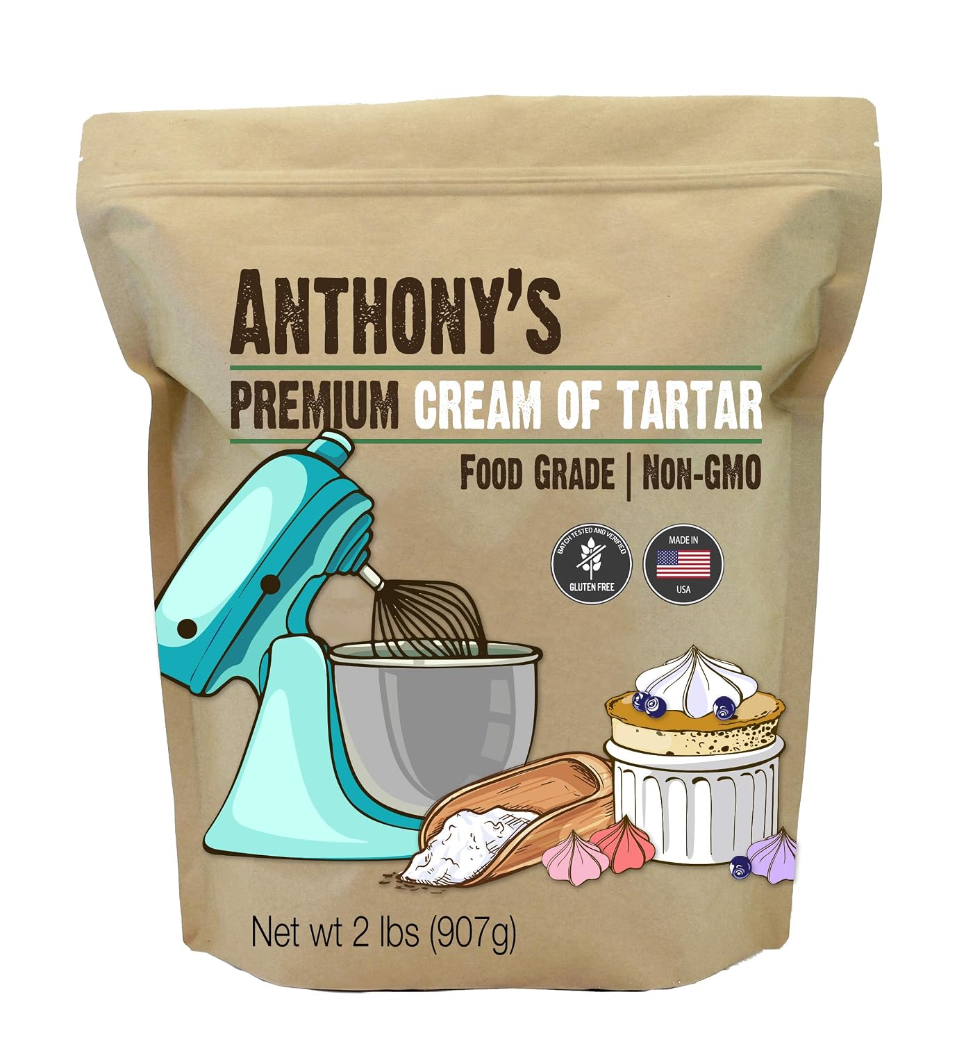 Anthony's Premium Cream of Tartar, 2 lb, Gluten Free, Food Grade, Non GMO, USP, FCC, Made in USA