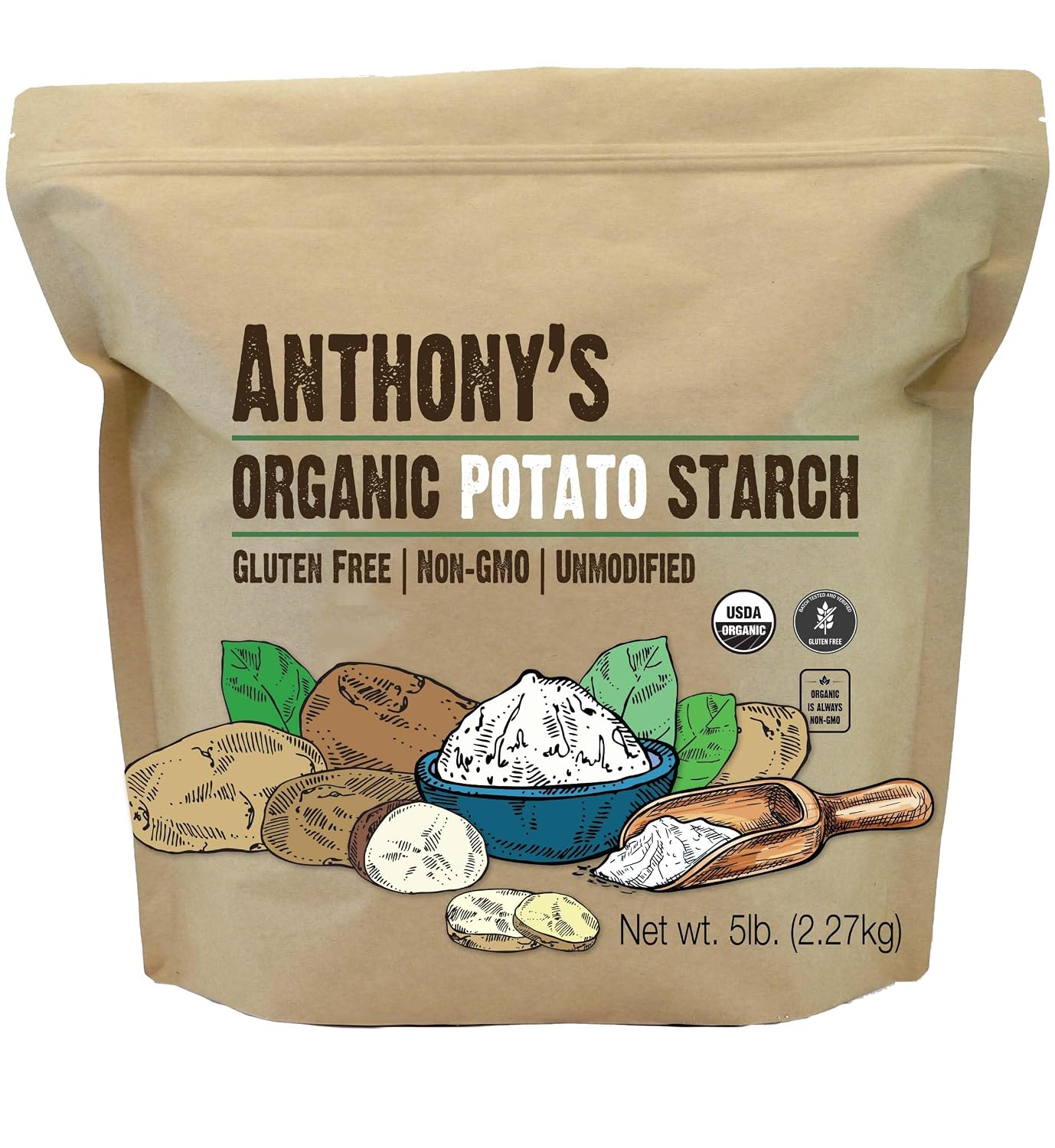 Anthony's Organic Potato Starch, Unmodified, 5 lb, Gluten Free & Non GMO, Resistant Starch