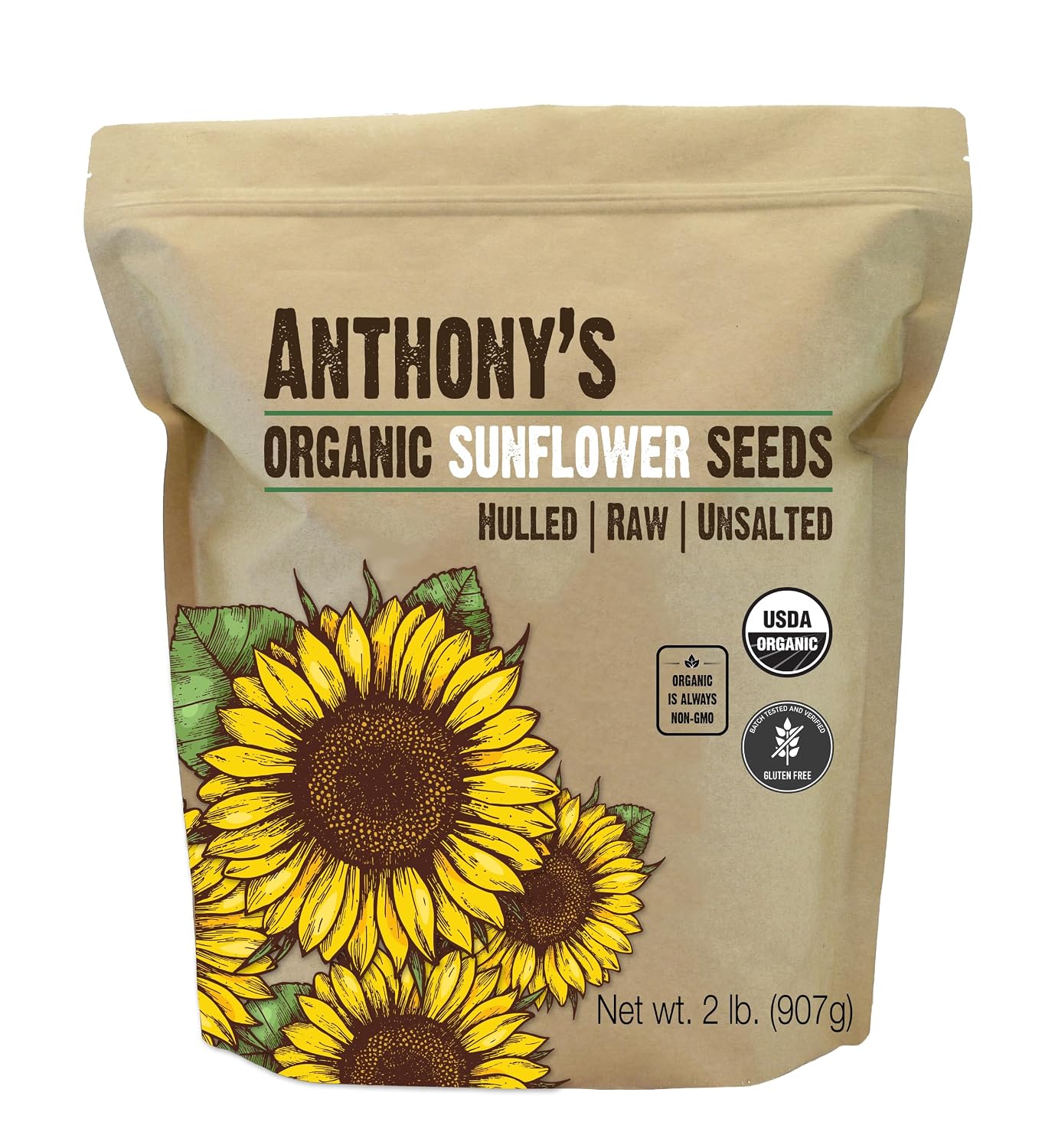 Anthony's Organic Hulled Sunflower Seeds, 2 lb, Raw, Unsalted, Batch Tested and Gluten Free, Keto Friendly