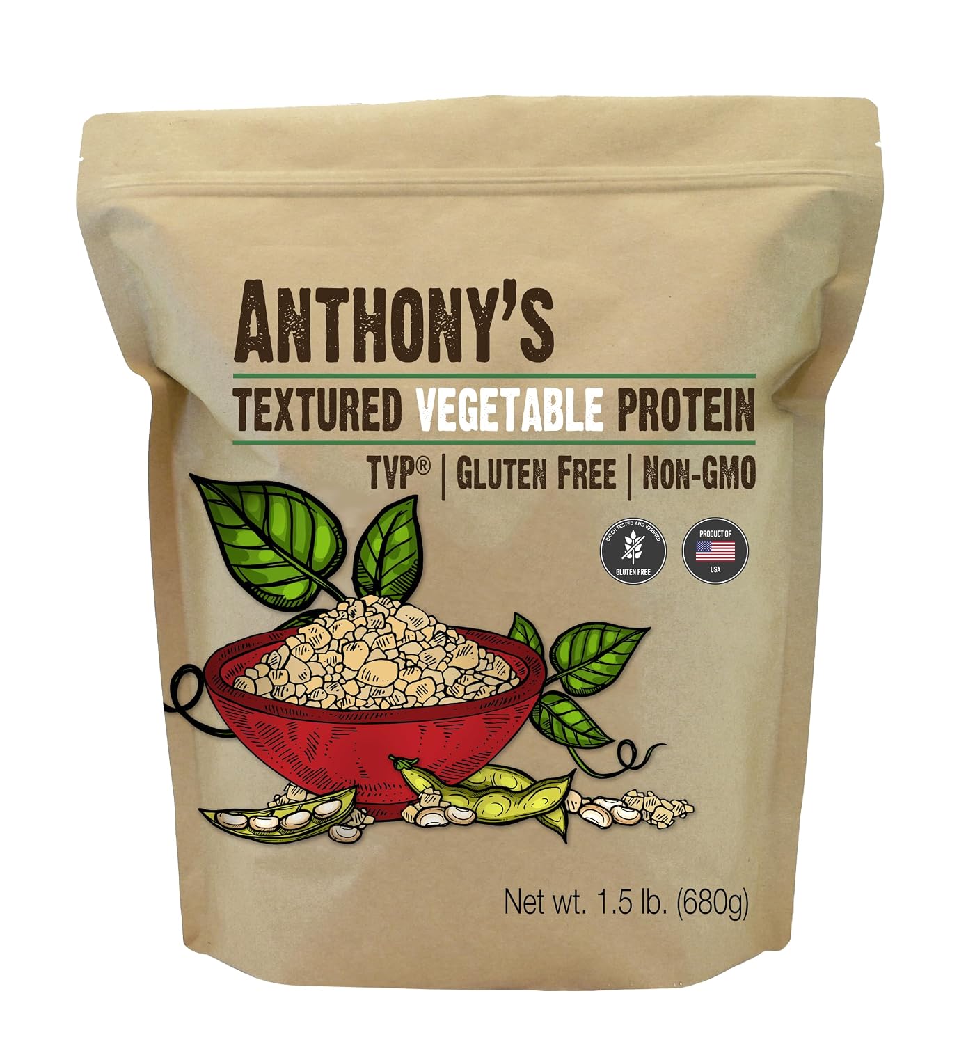 Anthony's Textured Vegetable Protein, TVP, 1.5 lb, Gluten Free, Vegan, Made in USA, Unflavored