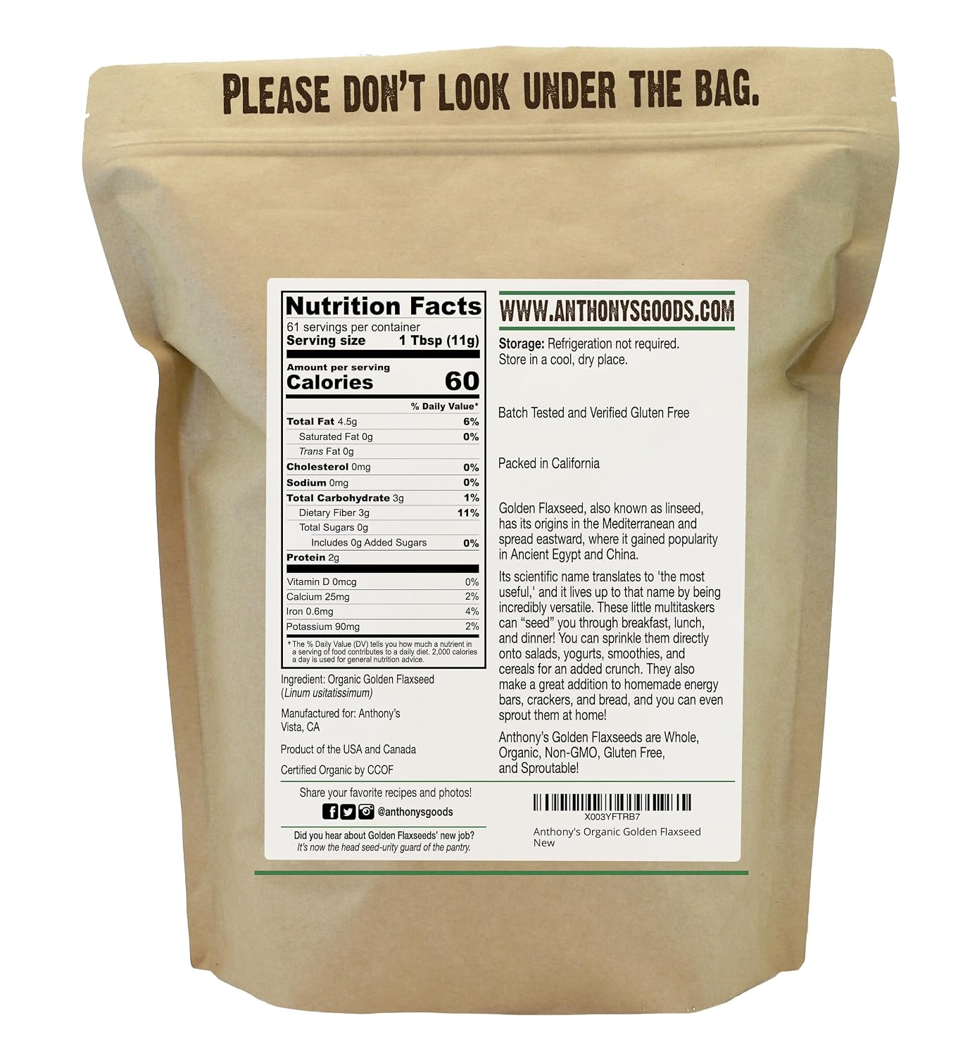 Anthony's Organic Whole Golden Flaxseeds, 1.5 lb, Gluten Free, Non-GMO, Vegan
