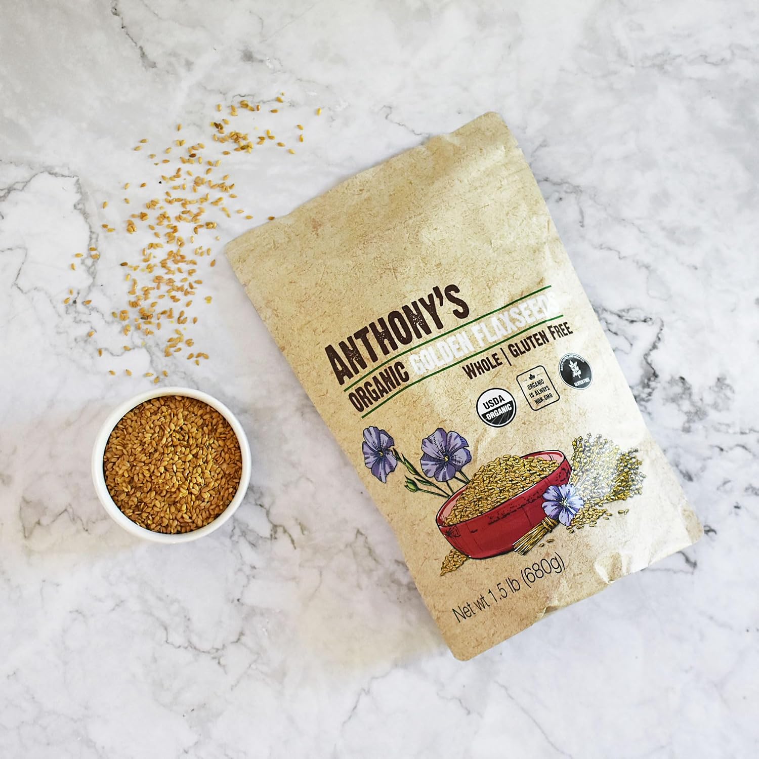 Anthony's Organic Whole Golden Flaxseeds, 1.5 lb, Gluten Free, Non-GMO, Vegan