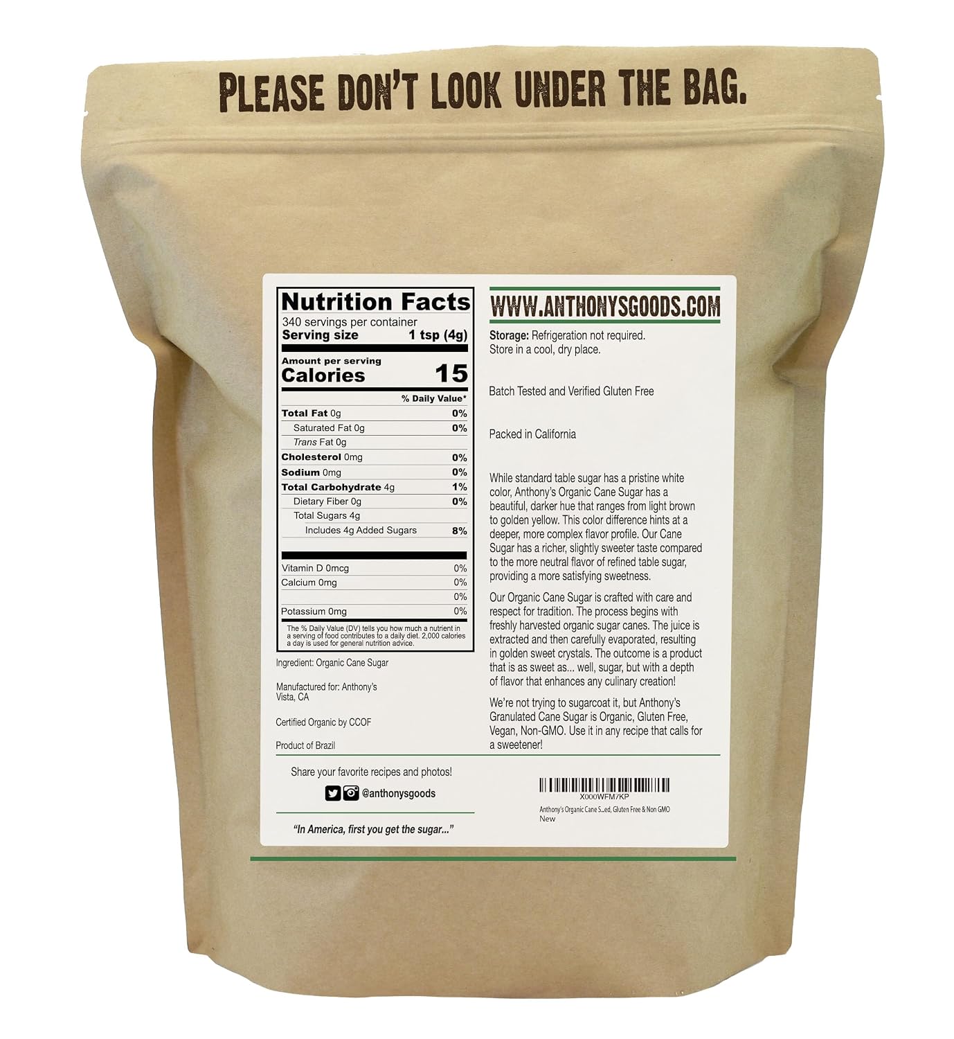 Anthony's Organic Cane Sugar, 3 lb, Granulated, Gluten Free & Non GMO