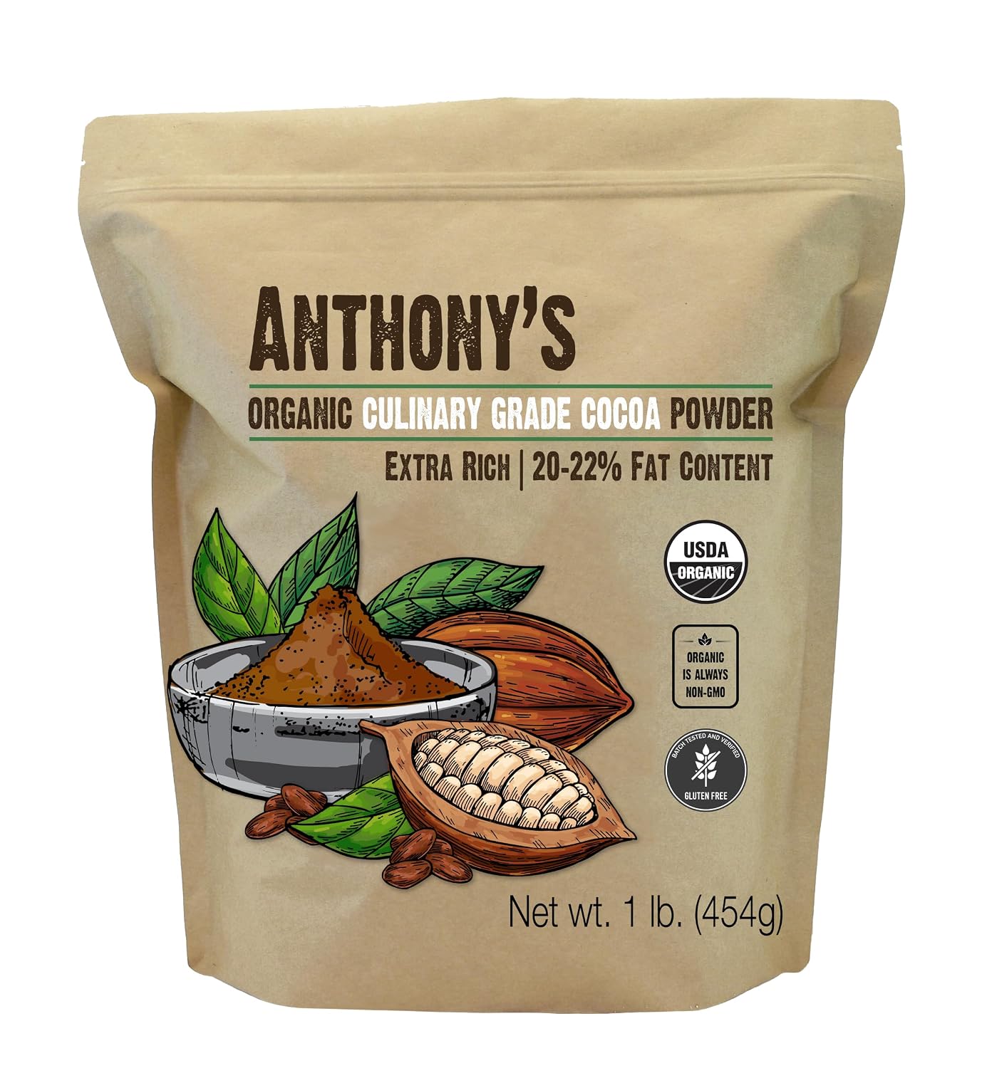 Anthony's Organic Culinary Grade Cocoa Powder, 1 lb, Dutch Processed Baking Cocoa, Gluten Free, Non GMO, Keto Friendly