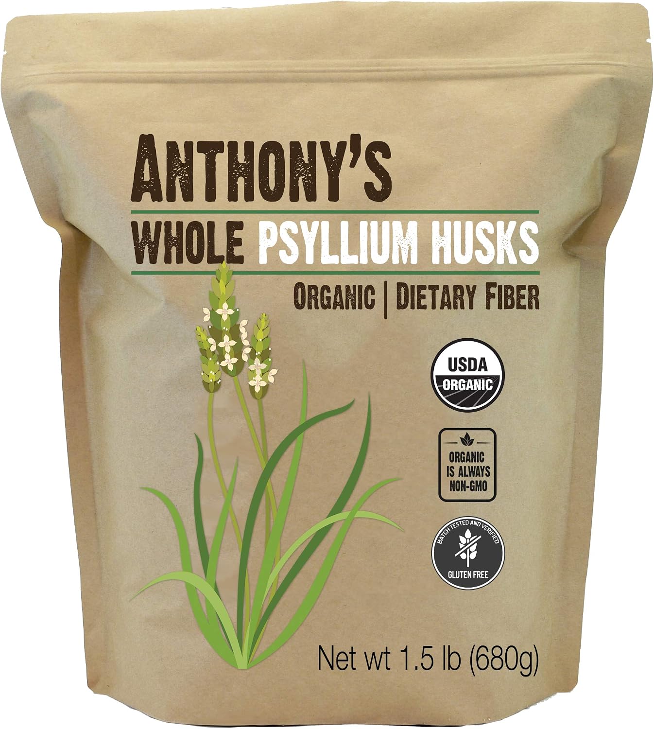 Anthony's Organic Whole Psyllium Husks, 1.5 lb, Dietary Fiber, Gluten Free, Non GMO, Keto Friendly