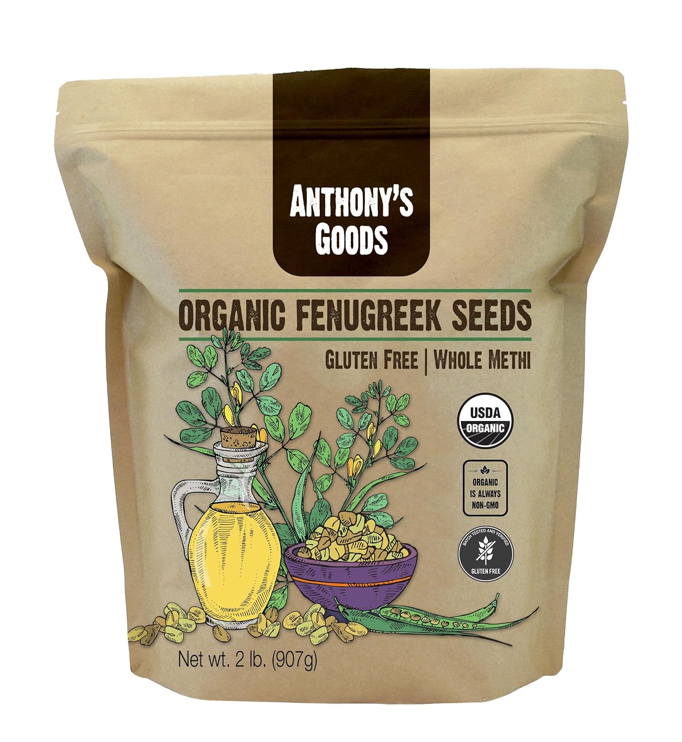 Anthony's Organic Fenugreek Seeds, 2 lb, Whole Methi Seeds, Gluten Free, Non GMO, Non Irradiated