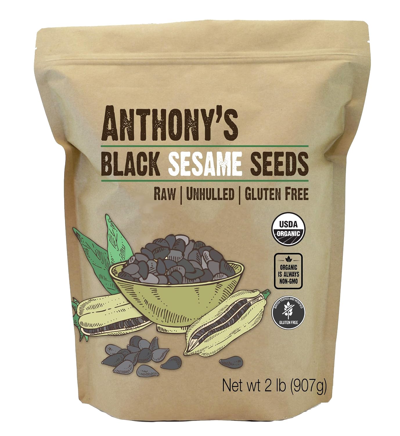 Anthony's Organic Black Sesame Seeds, 2 lb, Raw, Unhulled, Batch Tested & Verified Gluten Free, Keto Friendly