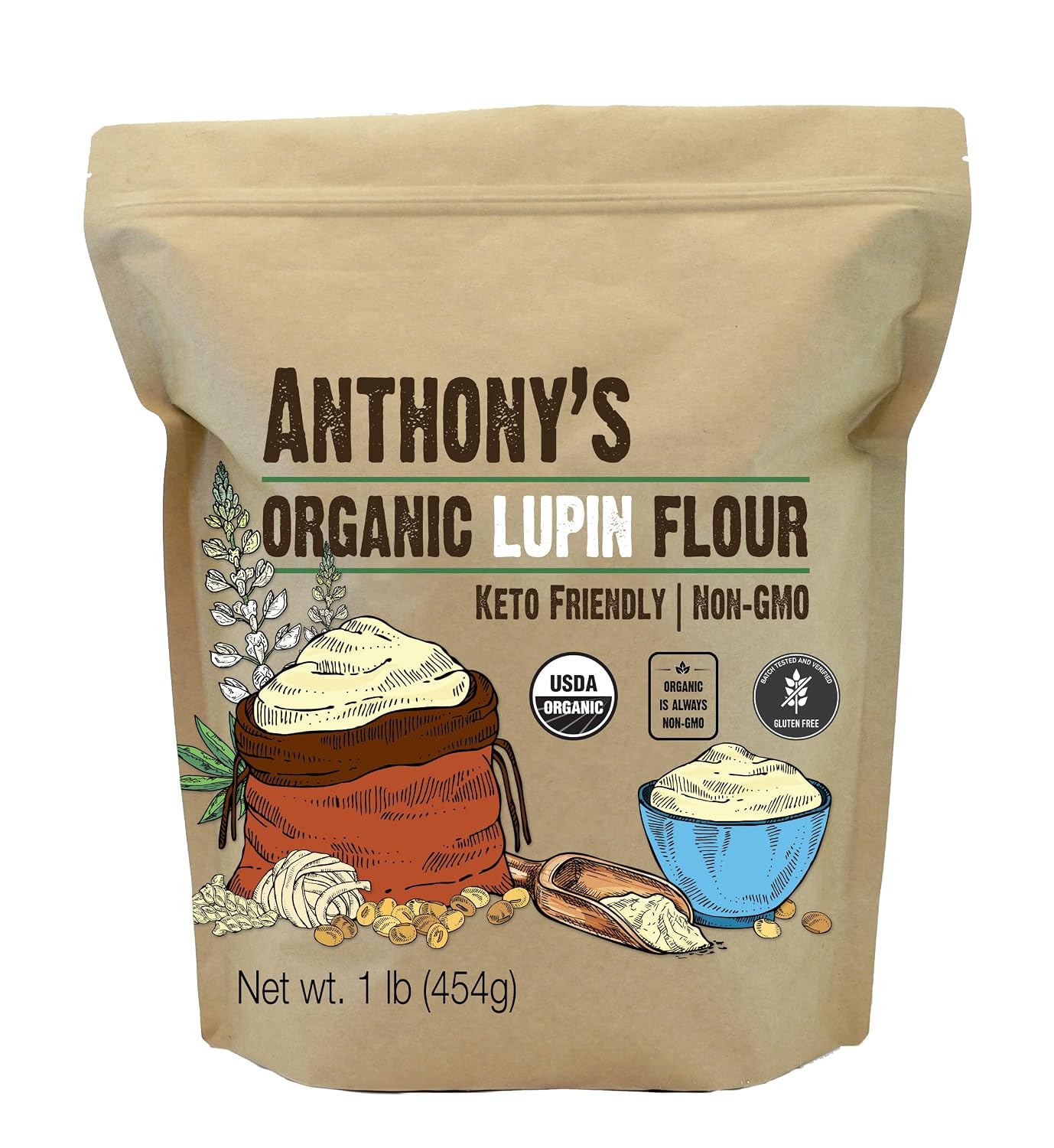 Anthony's Organic Lupin Flour, 1 lb, Gluten Free, Non GMO, Keto Friendly