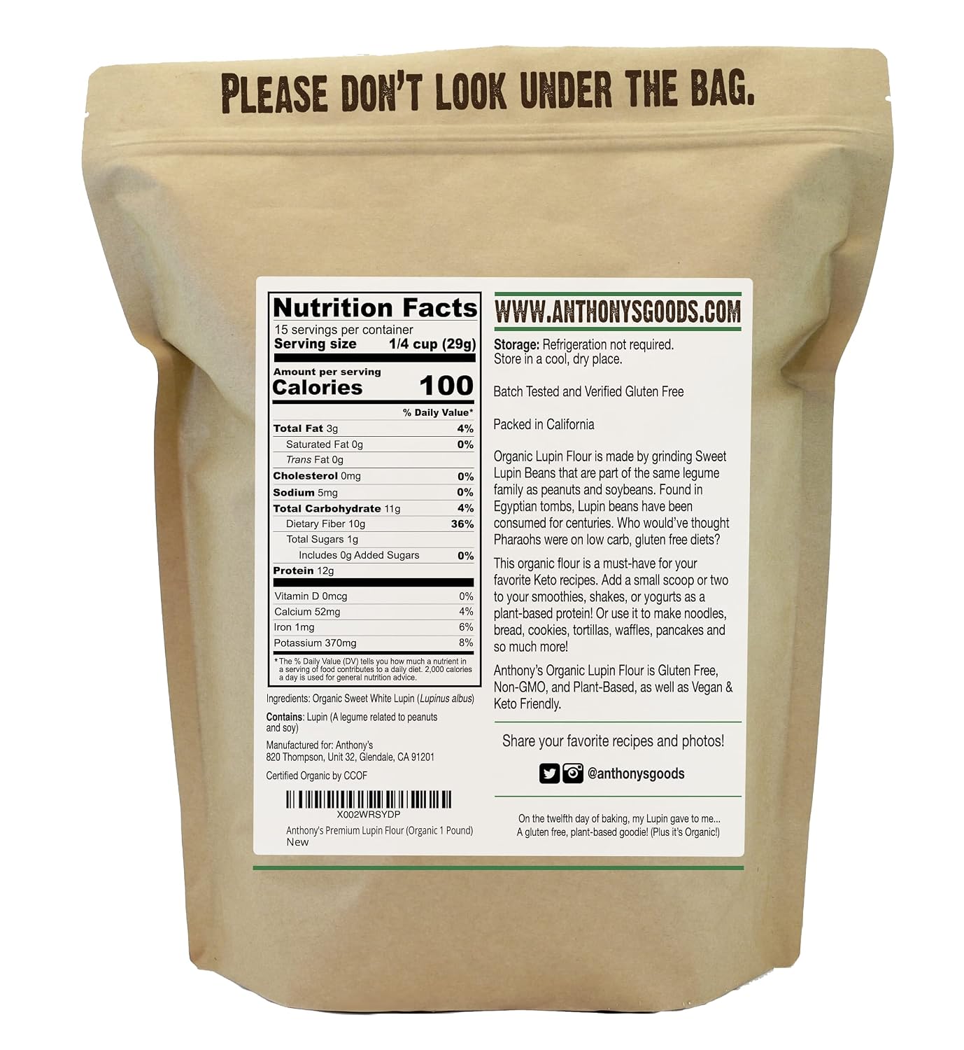 Anthony's Organic Lupin Flour, 1 lb, Gluten Free, Non GMO, Keto Friendly