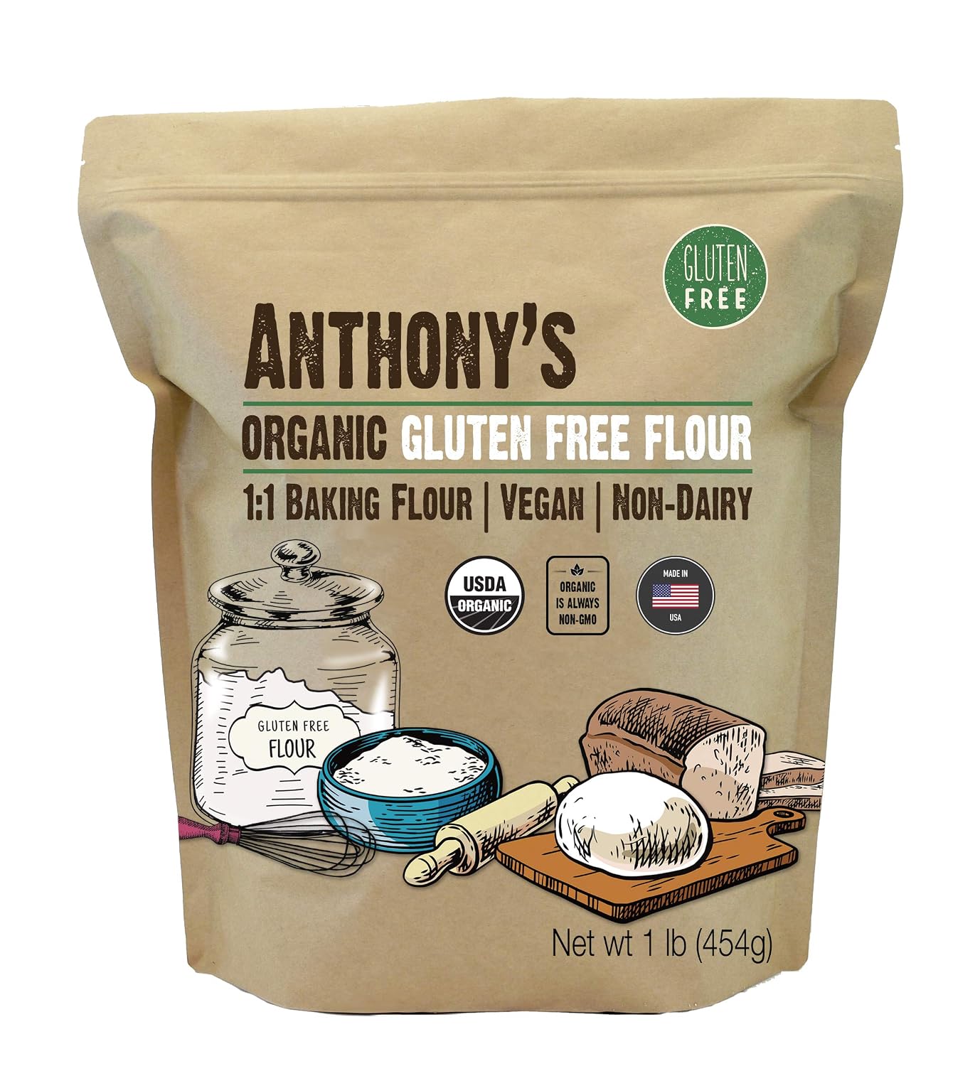 Anthony's Organic Gluten Free Flour, 1 lb, Multipurpose 1 to 1 Baking Flour, Non Dairy, Product of USA