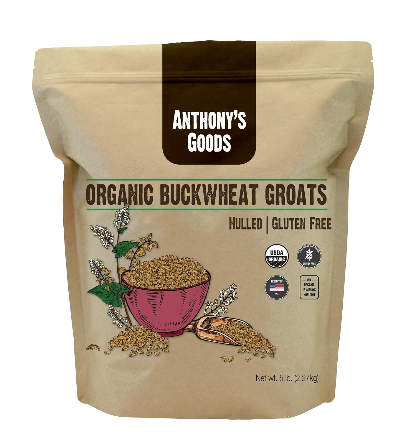 Anthony's Organic Hulled Buckwheat Groats, 5lb, Gluten Free, Non GMO