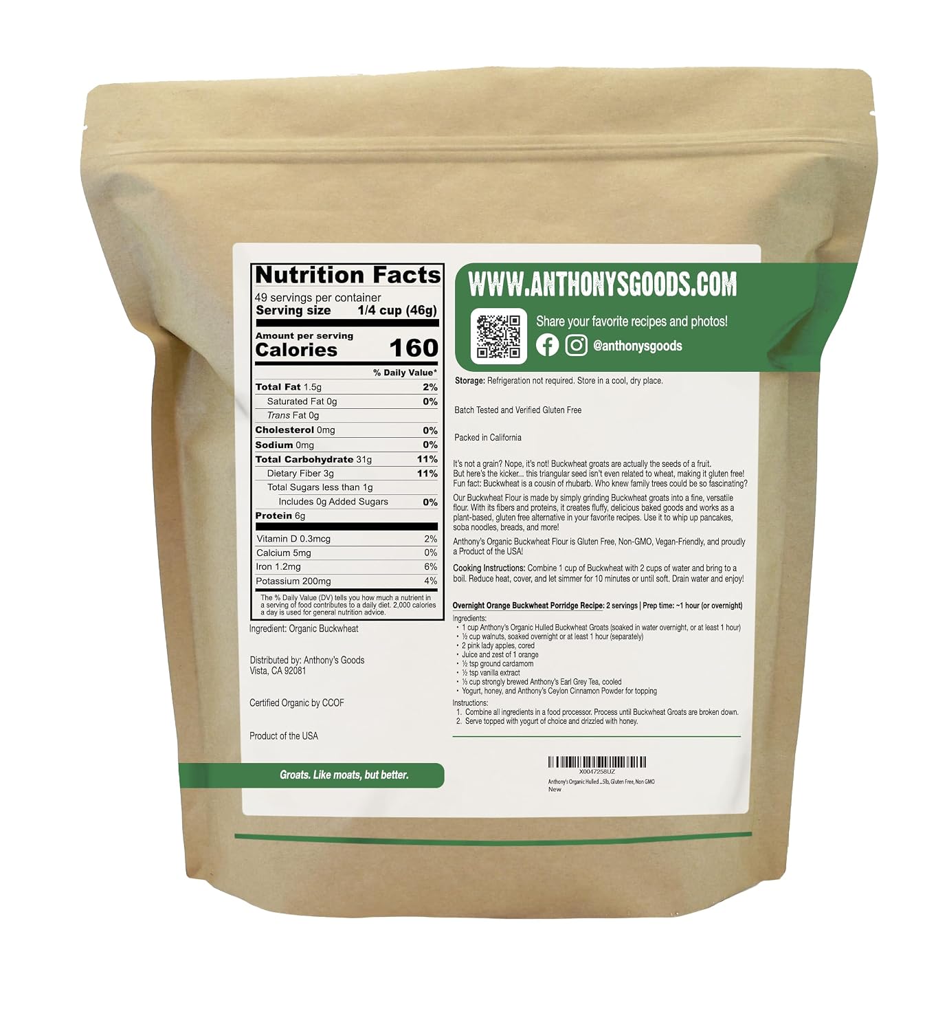 Anthony's Organic Hulled Buckwheat Groats, 5lb, Gluten Free, Non GMO