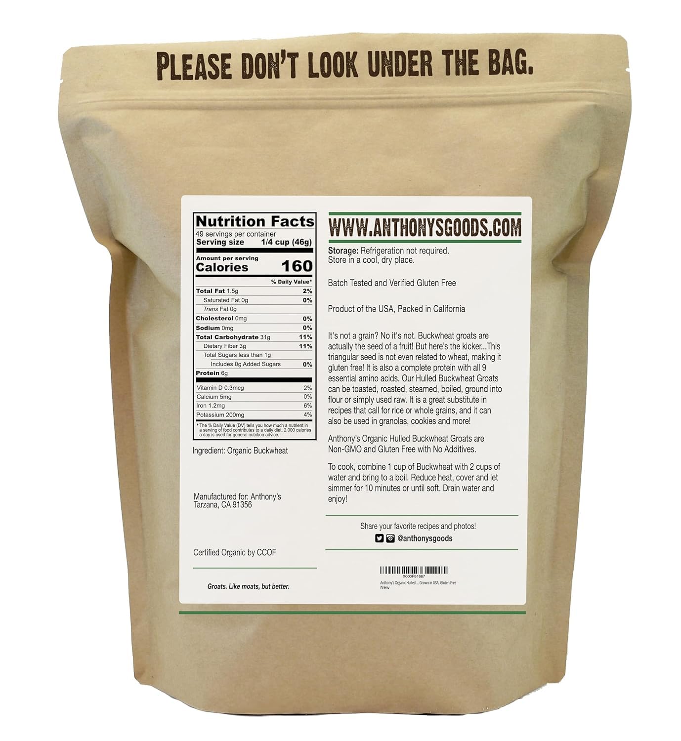 Anthony's Organic Hulled Buckwheat Groats, 5lb, Gluten Free, Non GMO