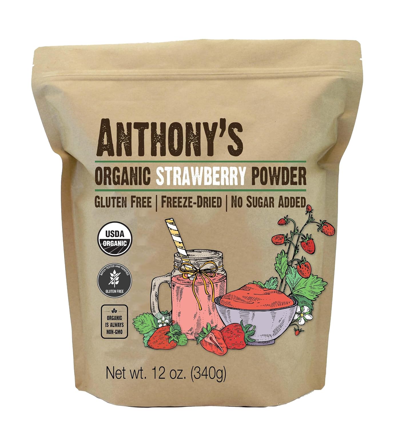 Anthony's Organic Strawberry Powder, 12 oz, Freeze Dried, Gluten Free, No Sugar Added, Non GMO