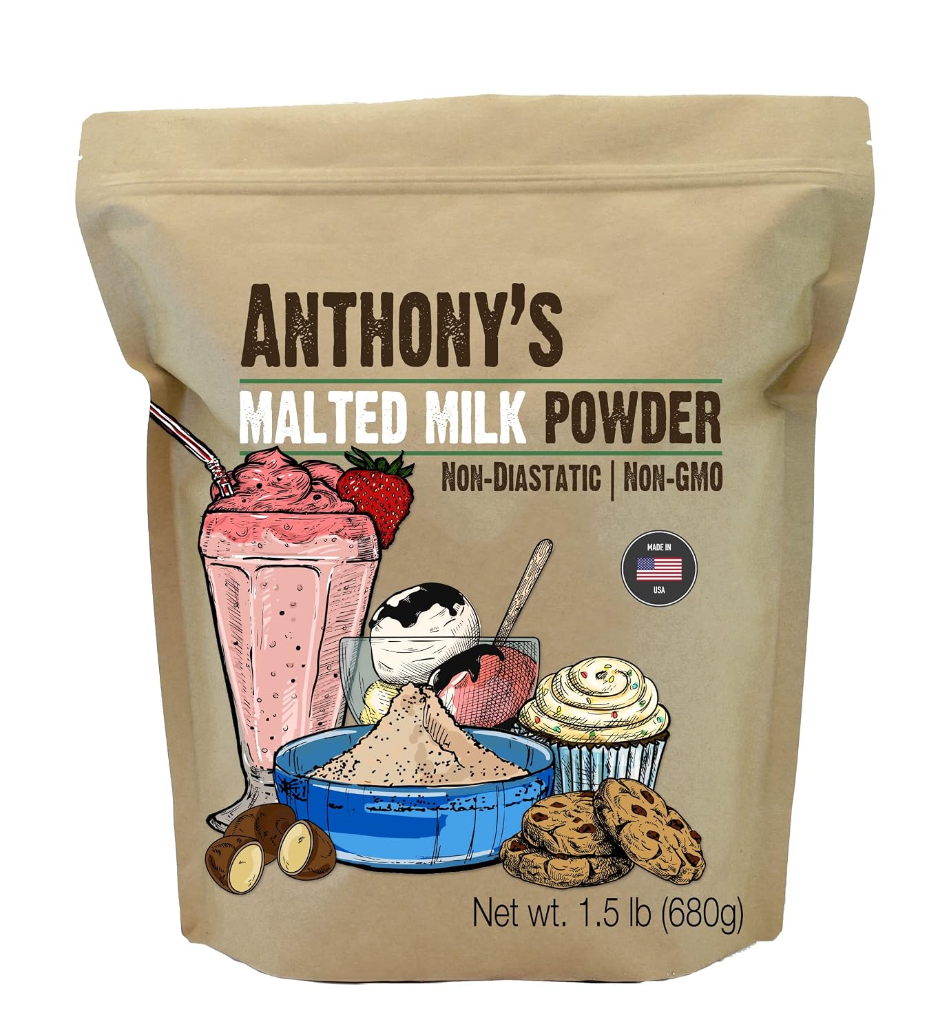 Anthony's Malted Milk Powder 1.5lb, For Ice Cream, Milk Shakes, and Baking, Non GMO, Made in USA