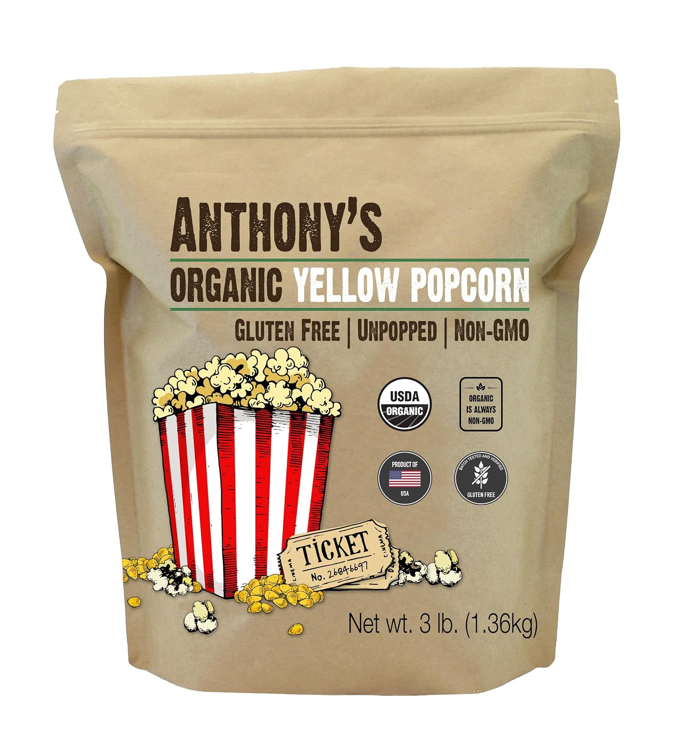 Anthony's Organic Yellow Popcorn Kernels, 3 lb, UnPopped, Gluten Free, Non GMO