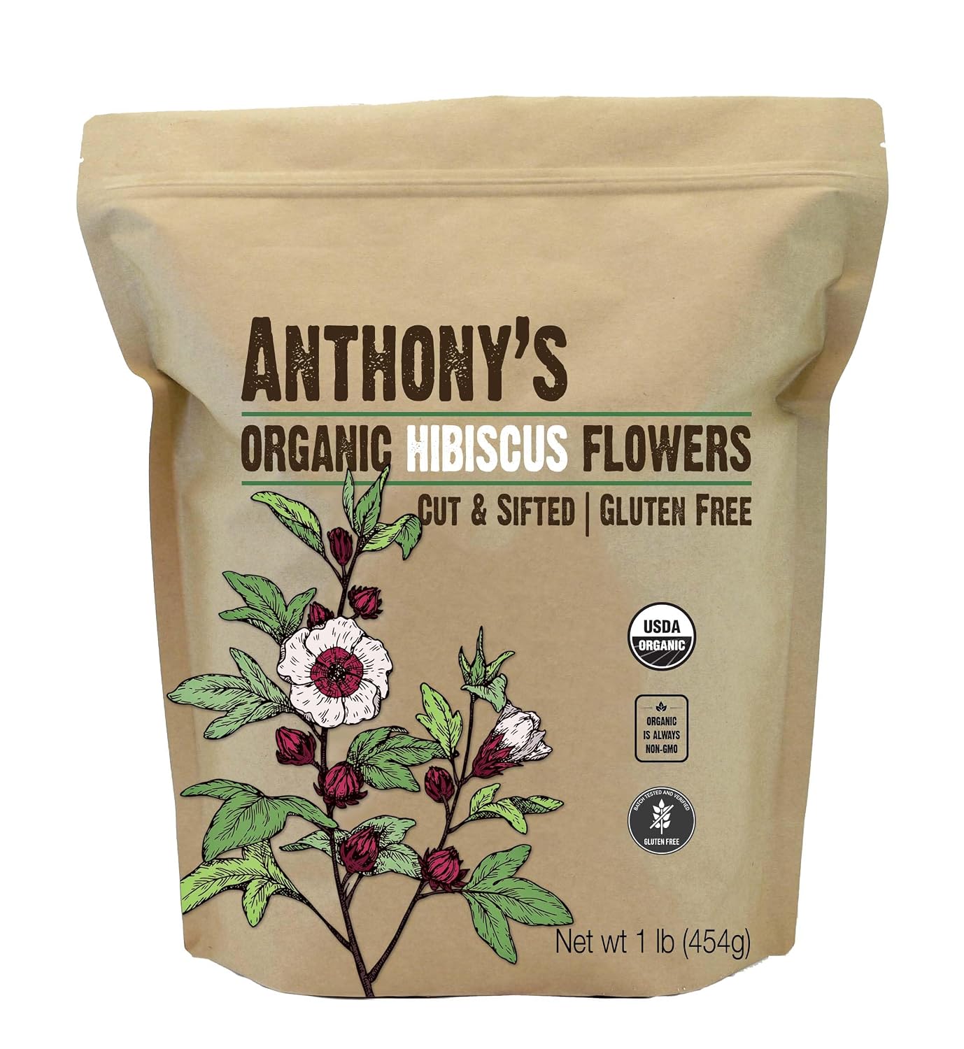 Anthony's Organic Hibiscus Flowers, 1 lb, Cut & Sifted, Gluten Free, Non GMO, Non Irradiated, Keto Friendly