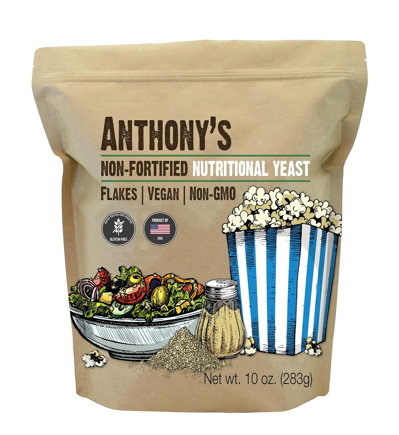 Anthony's Nutritional Yeast Flakes, 10 oz, Non Fortified, Batch Tested Gluten Free, Non GMO
