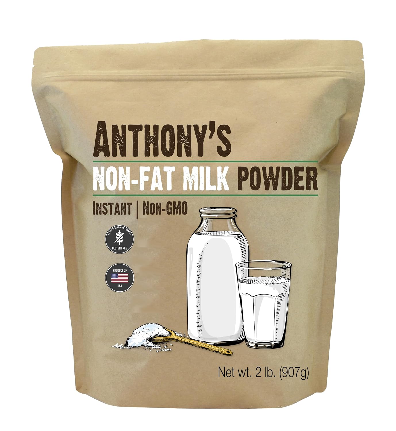Anthony's Nonfat Dry Milk Powder, 2 lb, Instant, Gluten Free & Non GMO