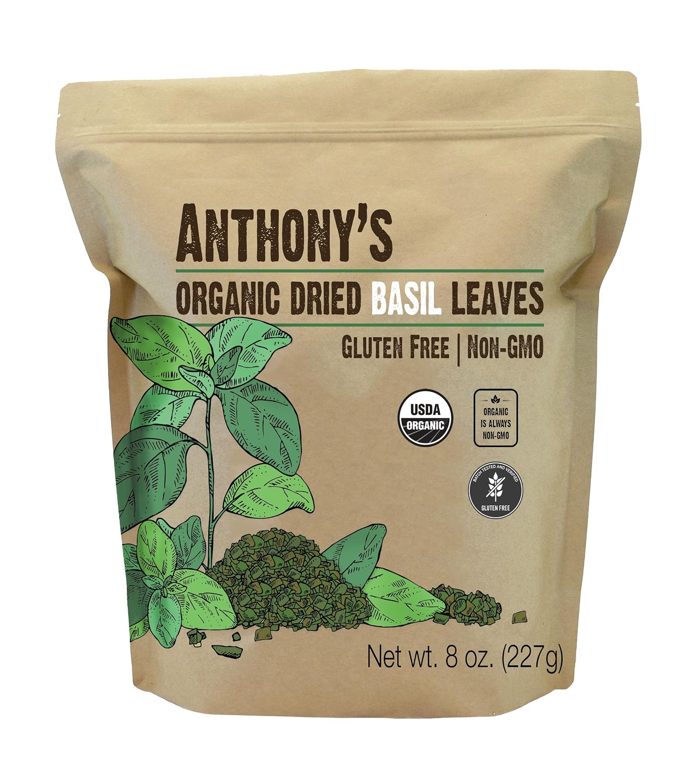 Anthony's Organic Dried Basil Leaves, 8 oz, Gluten Free, Non GMO, Cut & Sifted