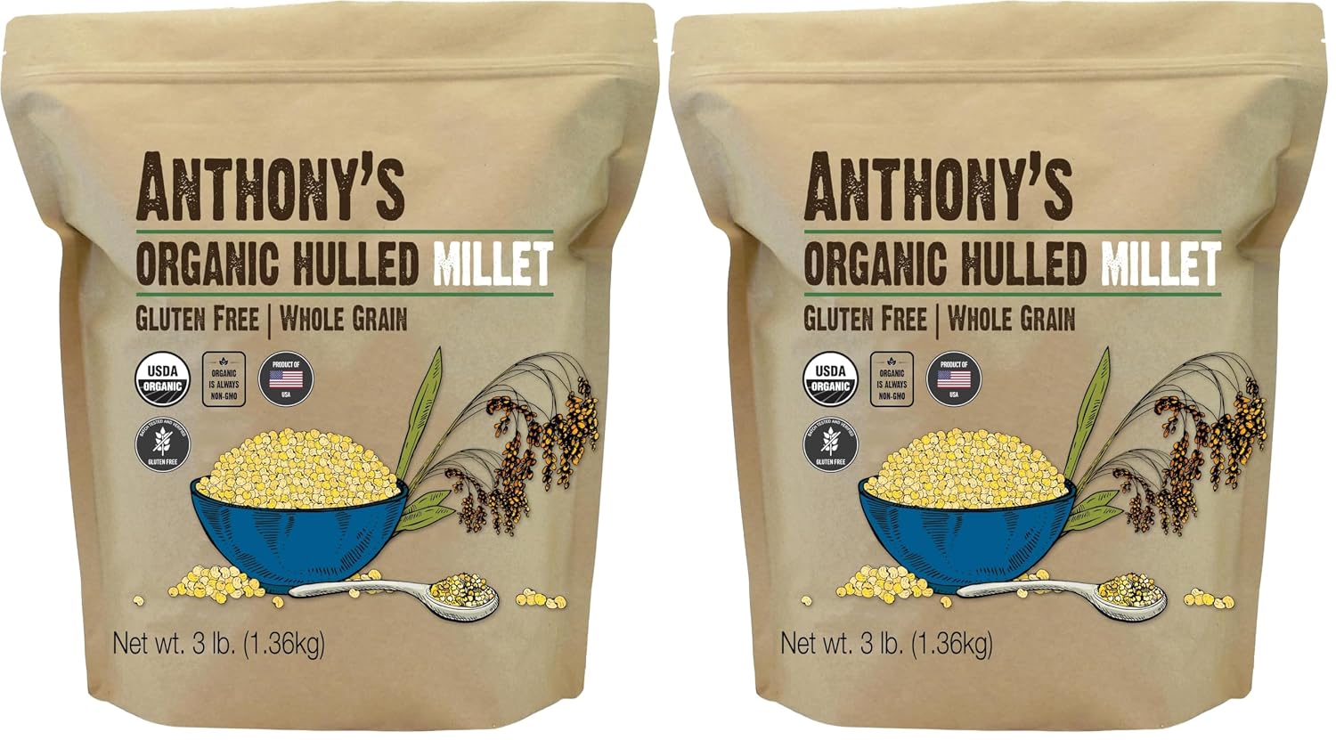 Anthony's Organic Hulled Millet, 3 lb, Gluten Free, Grown in the USA (Pack of 2)