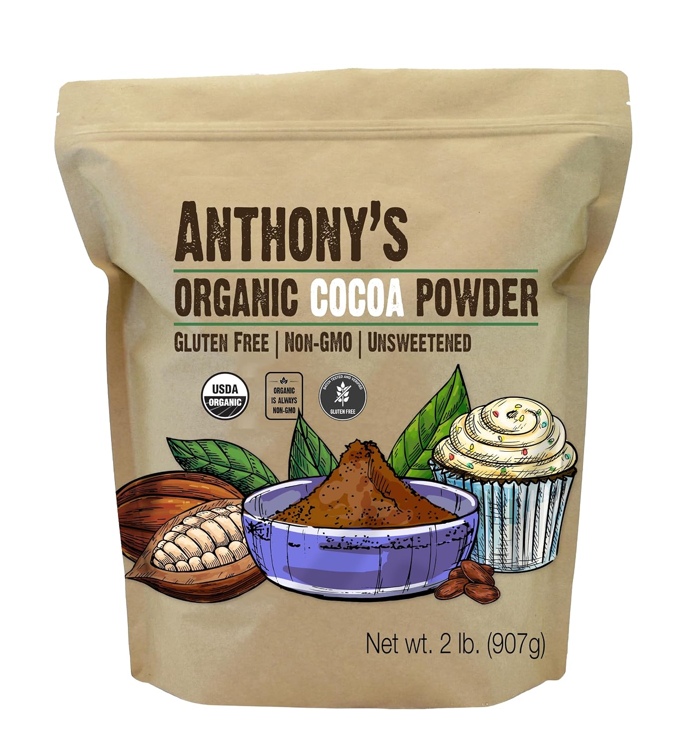 Anthony's Organic Cocoa Powder, 2 lb, Gluten Free, Non GMO, Unsweetened