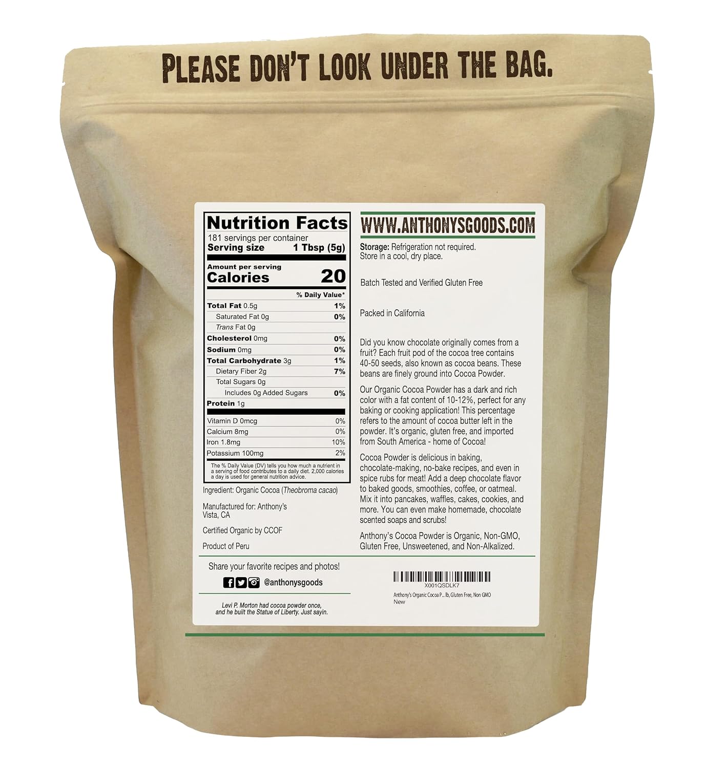 Anthony's Organic Cocoa Powder, 2 lb, Gluten Free, Non GMO, Unsweetened