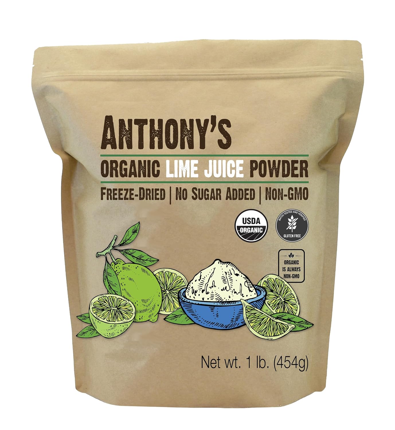 Anthony's Organic Lime Juice Powder, 1 lb, Freeze Dried, Unsweetened, Gluten Free, Non GMO