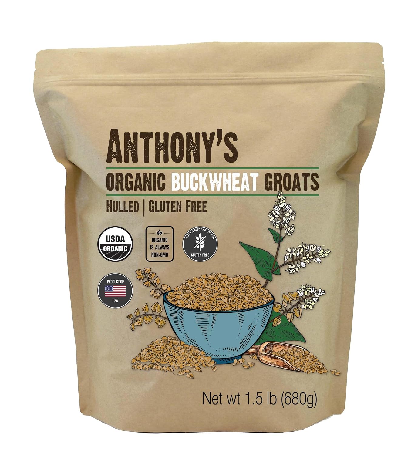 Anthony's Organic Hulled Buckwheat Groats, 1.5lb, Gluten Free, Non GMO