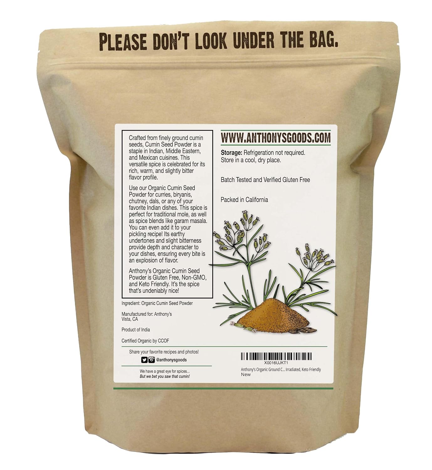 Anthony's Organic Ground Cumin, 1 lb, Gluten Free, Non Irradiated, Keto Friendly