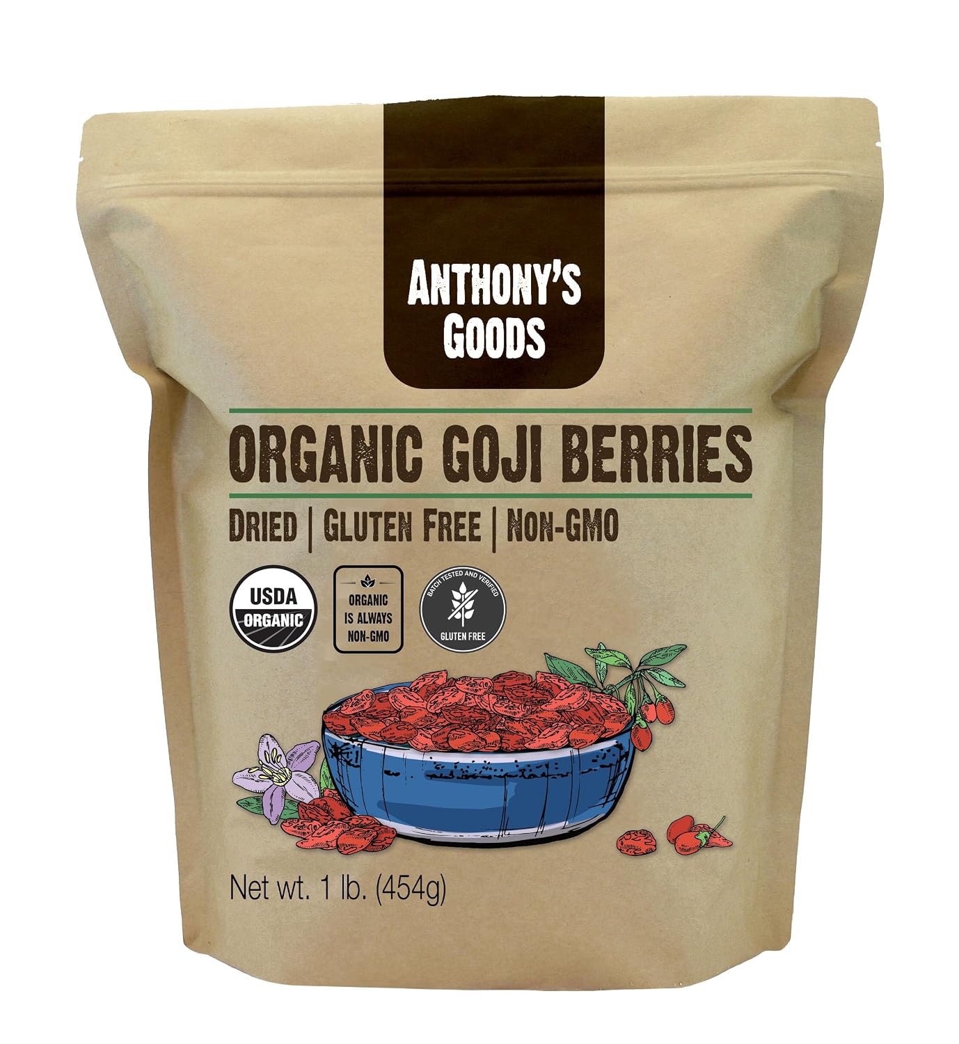Anthony's Organic Goji Berries, 1lb, Dried, Gluten Free, Non GMO, Wolfberries, Unsulphured, Vegan