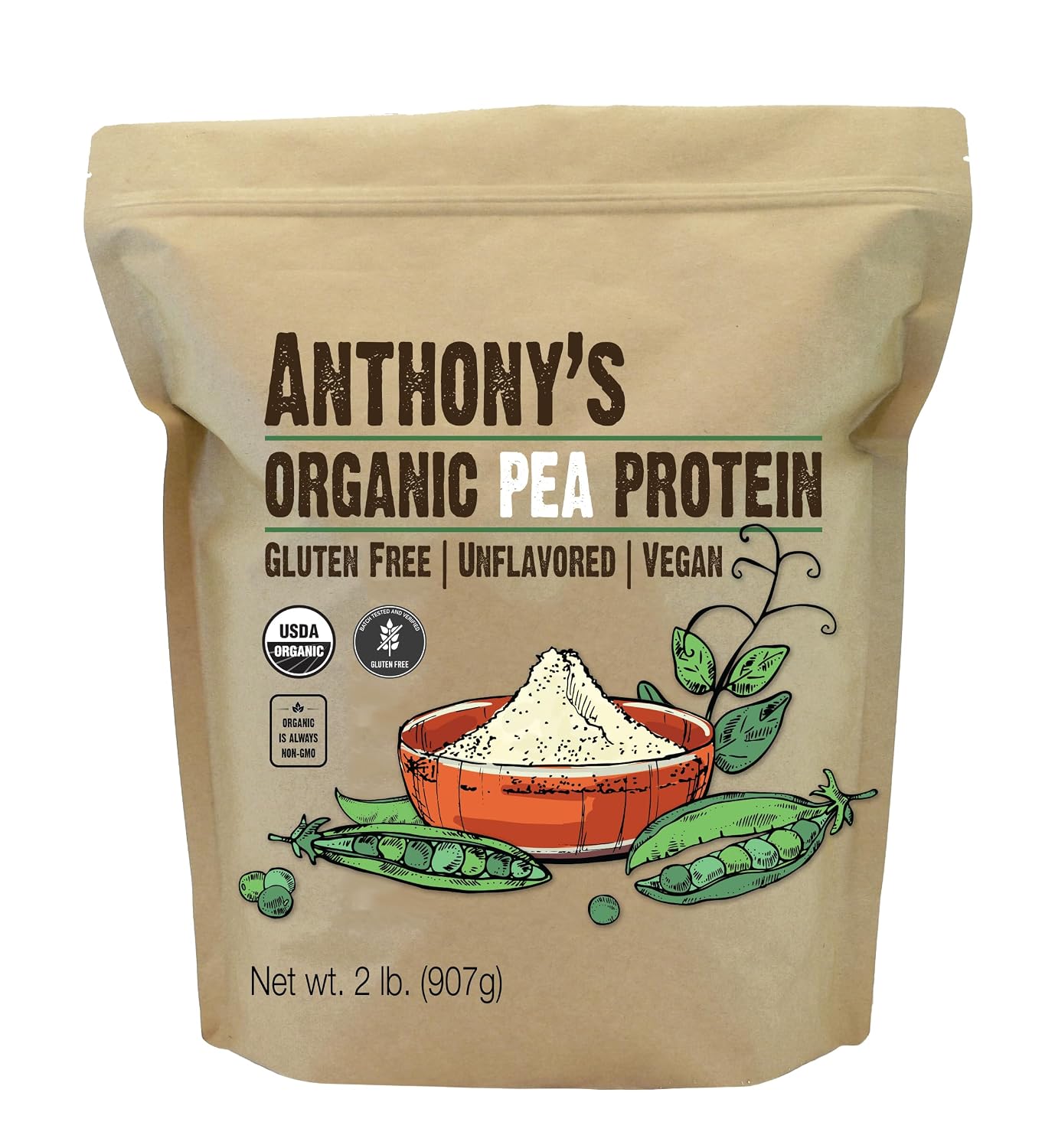 Anthony's Organic Pea Protein Powder 2 lb, Gluten Free, Non GMO, Unflavored, Vegan, Made from Peas