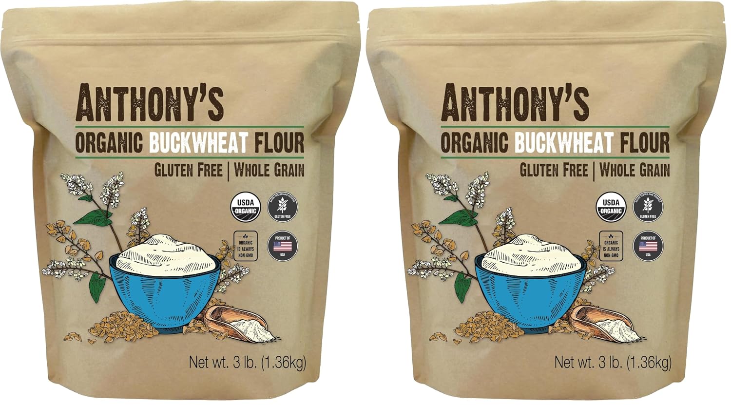 Anthony's Organic Buckwheat Flour, 3 lb, Grown in the USA, Gluten Free, Vegan (Pack of 2)