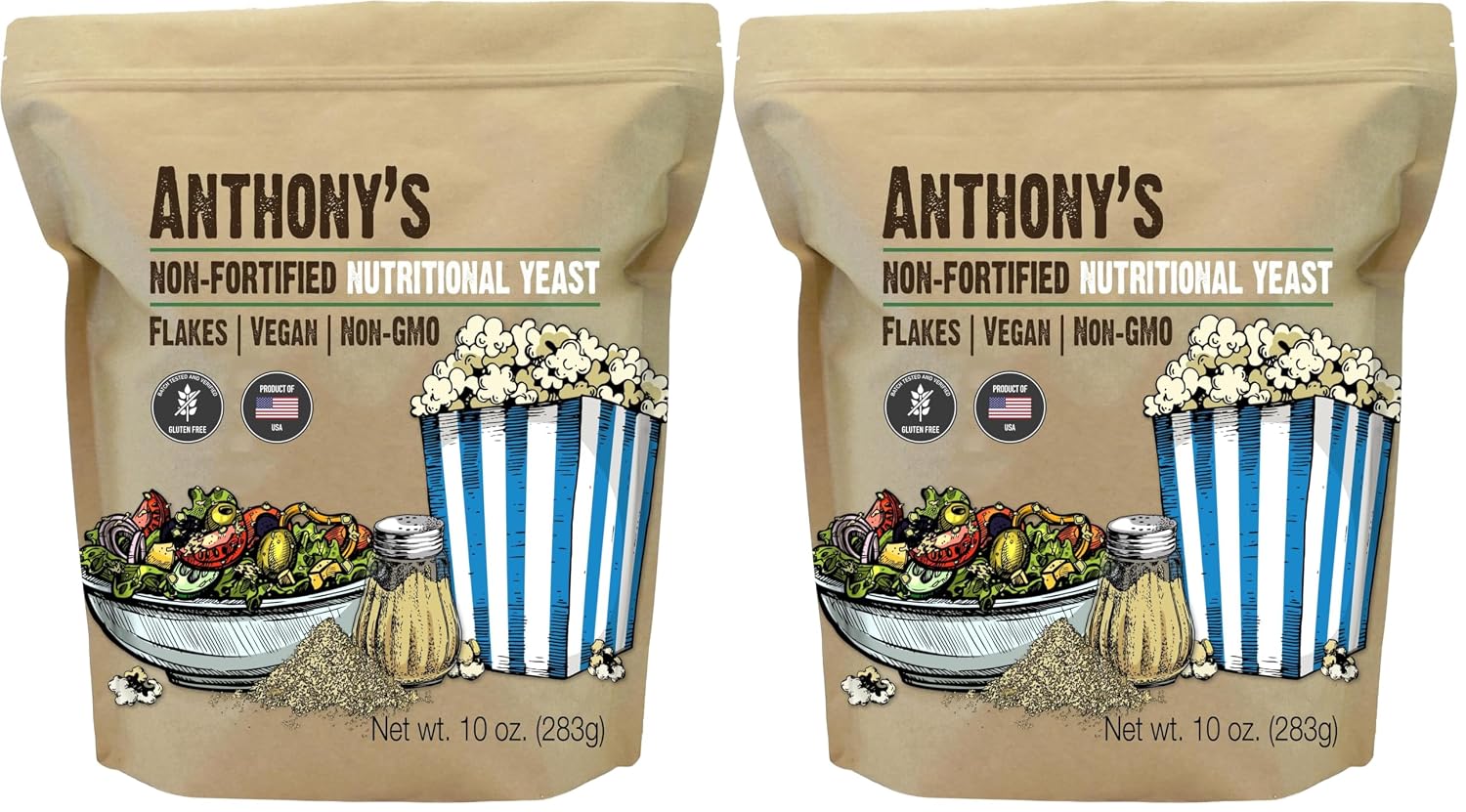 Anthony's Premium Nutritional Yeast Flakes, 10 oz, Non Fortified, Batch Tested Gluten Free, Non GMO (Pack of 2)