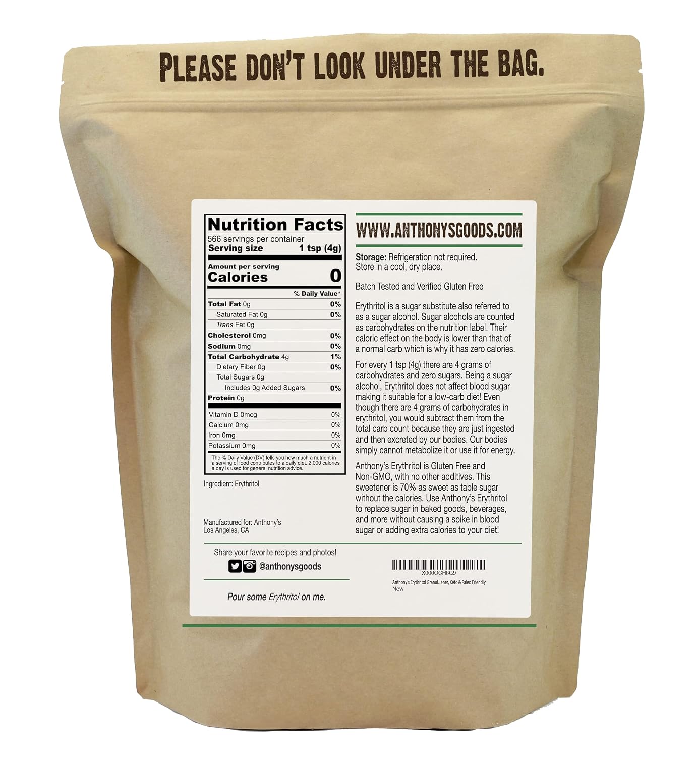 Anthony's Erythritol Granules, 5 lb, Non GMO, Sweetener, Keto & Paleo Friendly