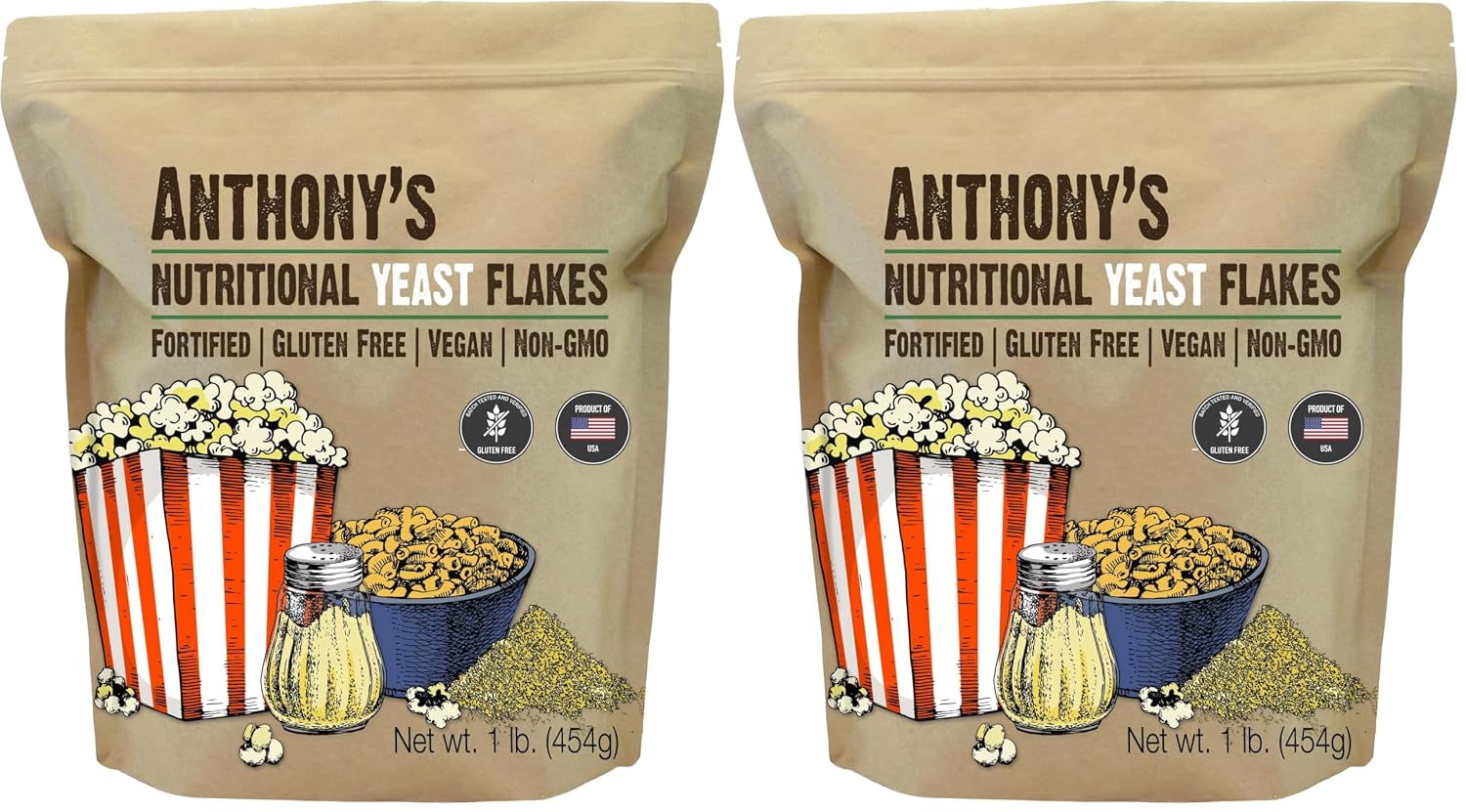 Anthony's Premium Nutritional Yeast Flakes, 1 lb, Fortified, Gluten Free, Non GMO, Vegan (Pack of 2)